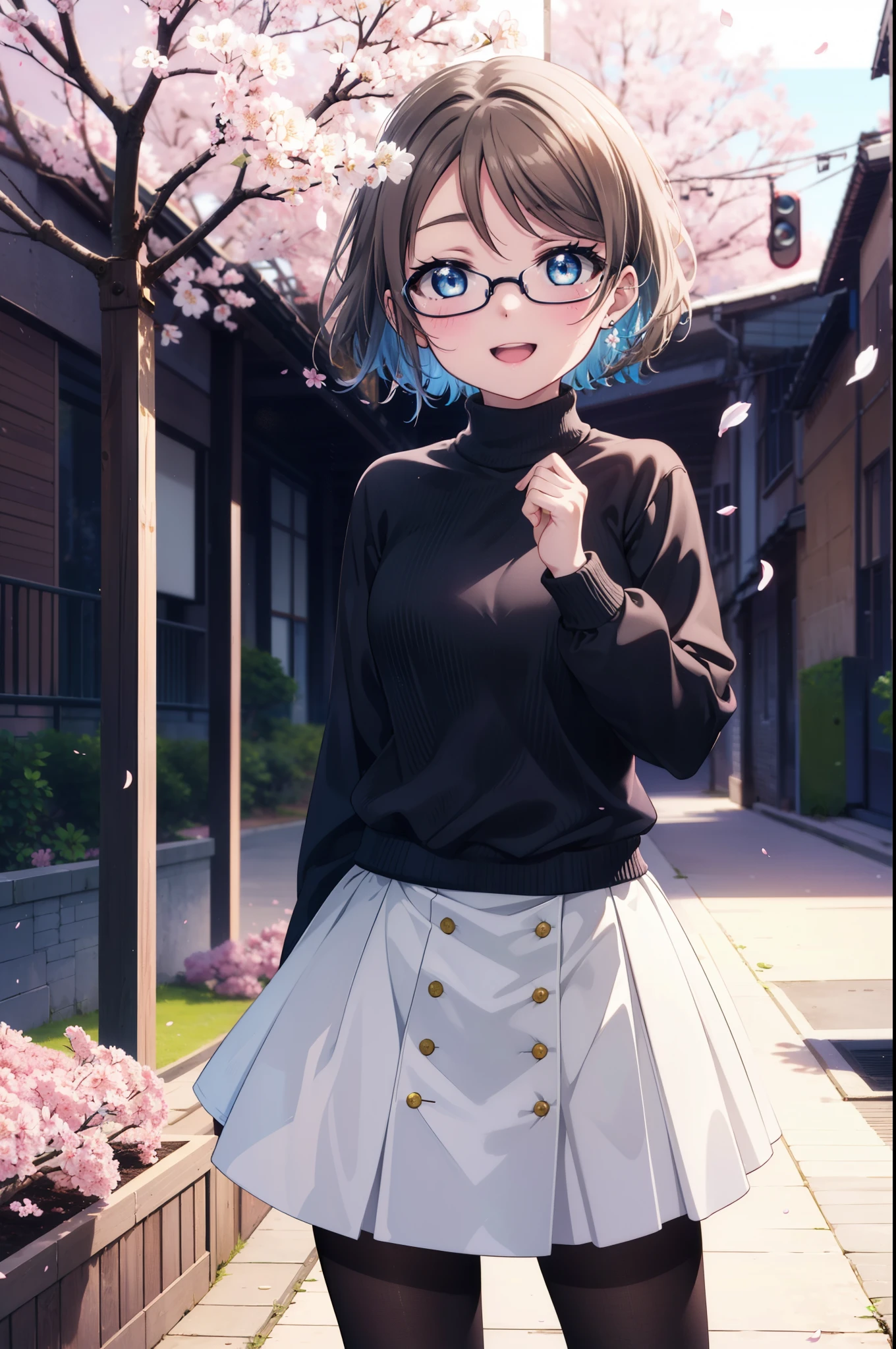 Anime girl with blue eyes and glasses standing in front of a building ...