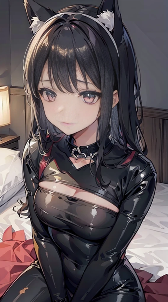 high quality, masterpiece, Ultra Detailed, Bottom View，1 girl,  Extremely detailed facial details, Black latex pajamas，Wrapped in tape，maid crown，Kneeling on the bed，handcuffs，collar，Calm expression,cry，Being gagged，handcuffs，collar，Black long hair, Attractive pink eyes, Fox ears, Ridiculously big, Glowing skin, Wooden floor，Medieval town