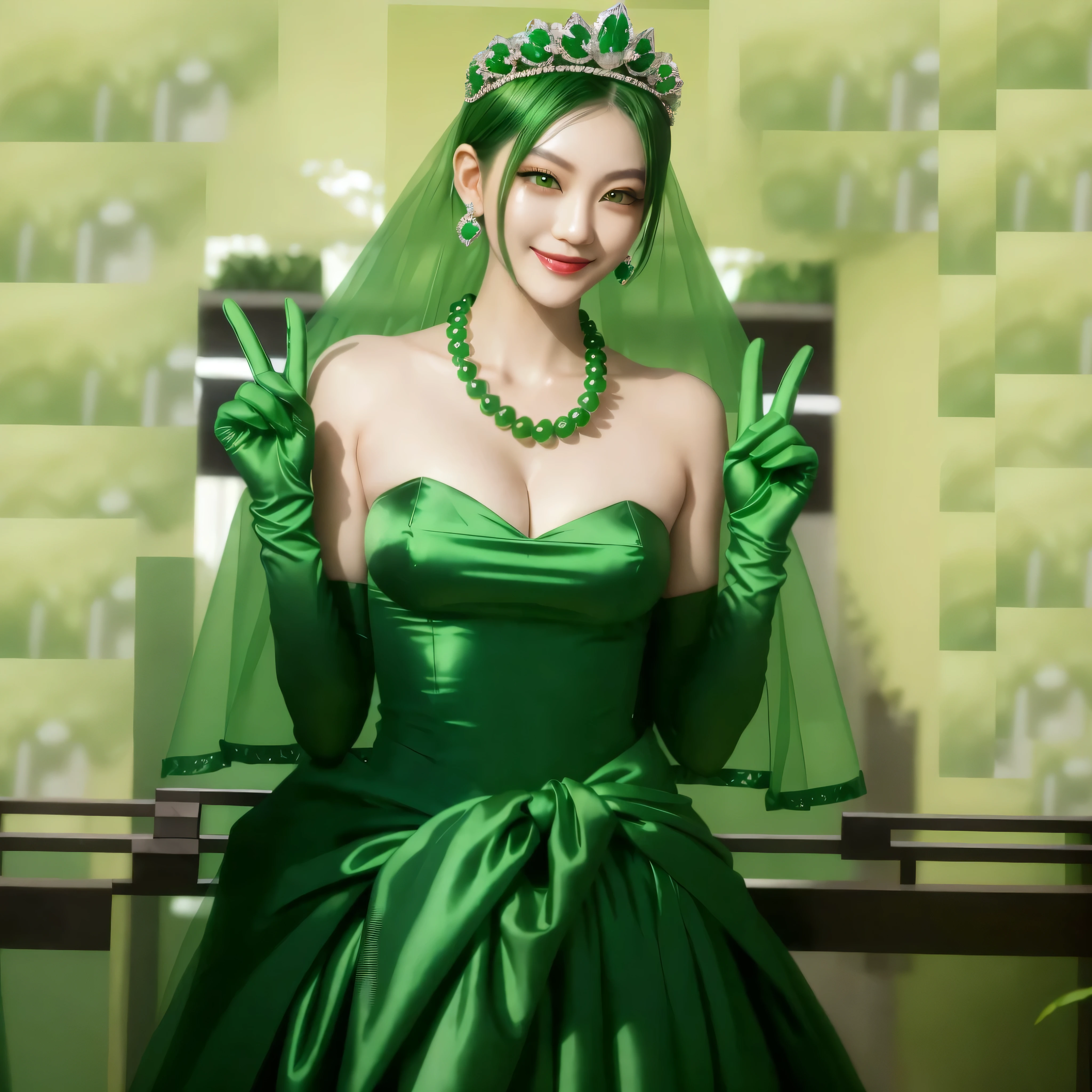 emerald tiara, green pearl necklace, boyish very short green hair, green lips, smiling Japanese woman, very short hair, Beautiful woman with big breasts, green eyes, green satin long gloves, green eyes, emerald earrings, green veil, Heart with both hands, green hair, beautiful japanese woman, V sign, green lip gloss

