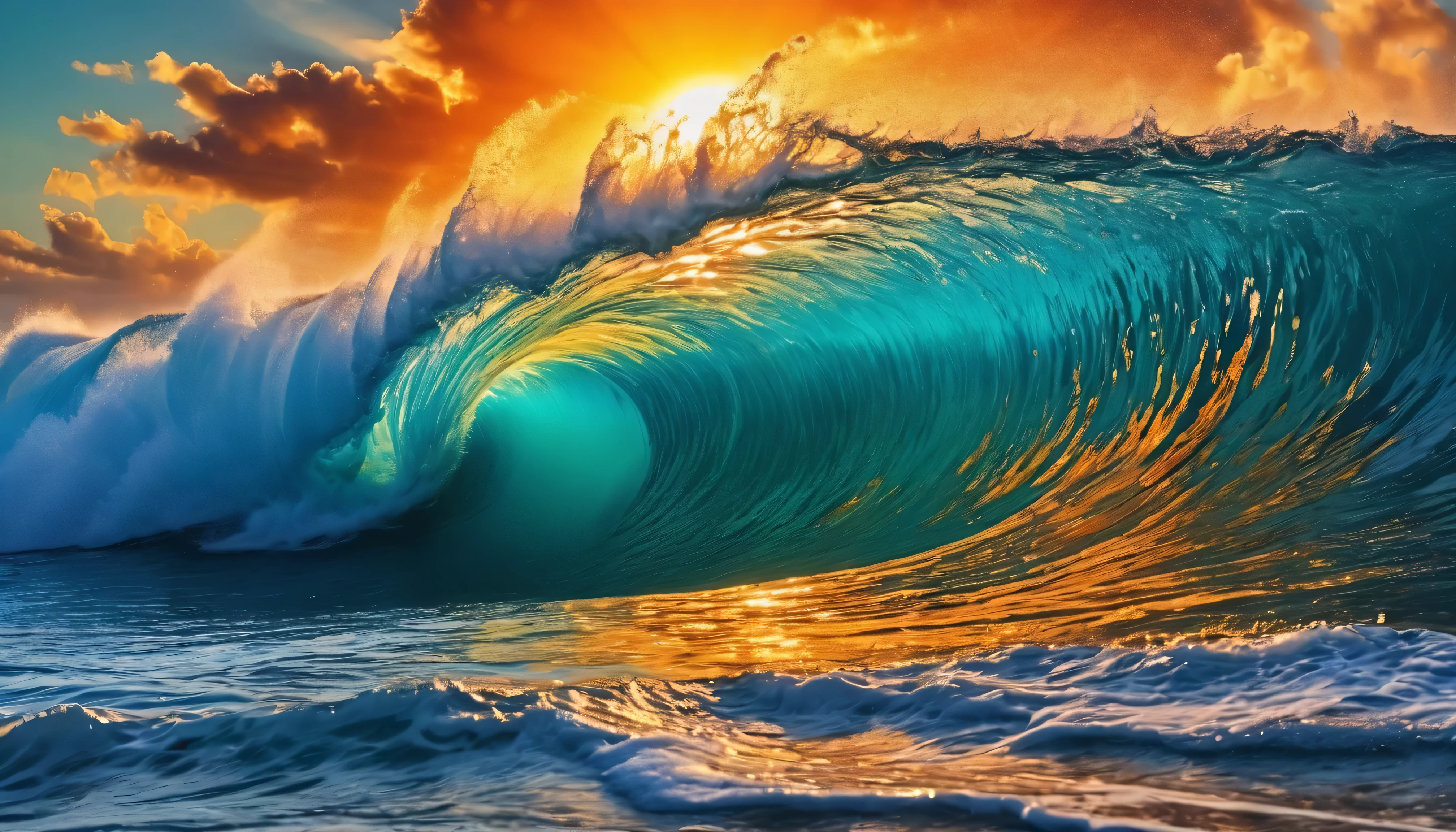 Vista lateral de ondas tubulares com sol a nascer no horizonte. turquoise waters, paradise in an explosion of dominant colors in blue, laranja, amarelo, vermelho. epic realism.