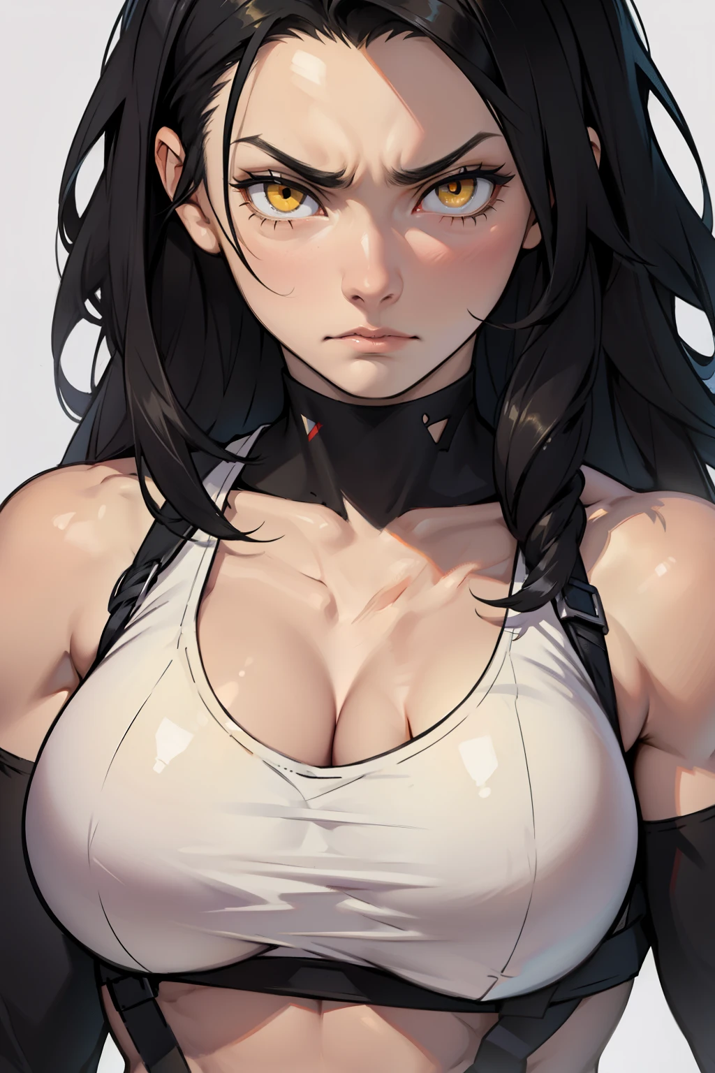 muscular yellow eyes pale skin girl sad shy sweaty big breasts long black hair hair between eyes