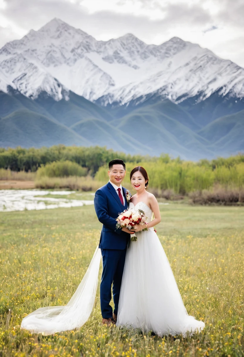 A Chinese couple taking wedding photos in front of snowy mountains and meadows.