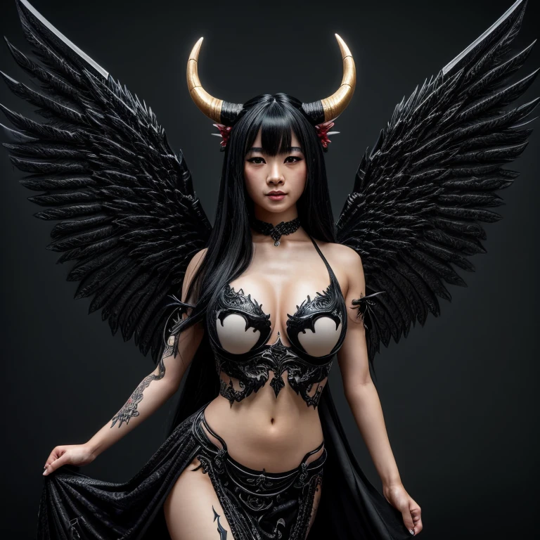 1 female demon with wings, Japanese, Asian eyes, horned, ultra detailed face and eyes, hyperrealistic, realistic depiction, 30 years old, wearing a long black dress, dancing through hell, full body view