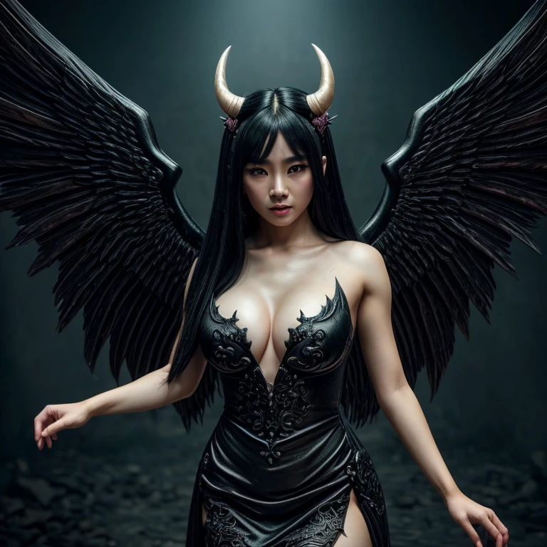 1 female demon with wings, Japanese, Asian eyes, horned, ultra detailed face and eyes, hyperrealistic, realistic depiction, 30 years old, wearing a long black dress, dancing through hell, full body view