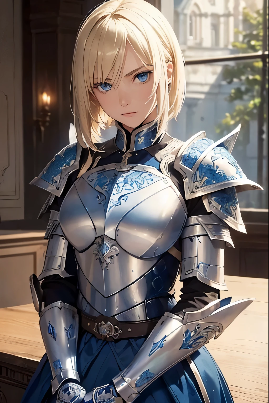 Long sword、knight armor、Messy blonde short hair,(Tabletop:1.2, highest quality), (Detailed blue eyes: 1.2), (Detailed Background), (Beautifully detailed face), High Contrast, (Best lighting, Very delicate and beautiful), ((Cinematic Light)), colorful, Hyper Detail, dramatic light, Intricate details、Belt under the chest、Armor Plate,