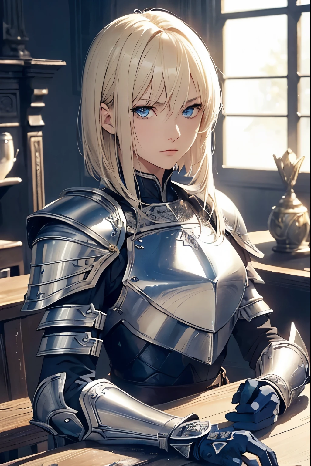 Long sword、knight armor、Messy blonde short hair,(Tabletop:1.2, highest quality), (Detailed blue eyes: 1.2), (Detailed Background), (Beautifully detailed face), High Contrast, (Best lighting, Very delicate and beautiful), ((Cinematic Light)), colorful, Hyper Detail, dramatic light, Intricate details、Belt under the chest、Armor Plate,