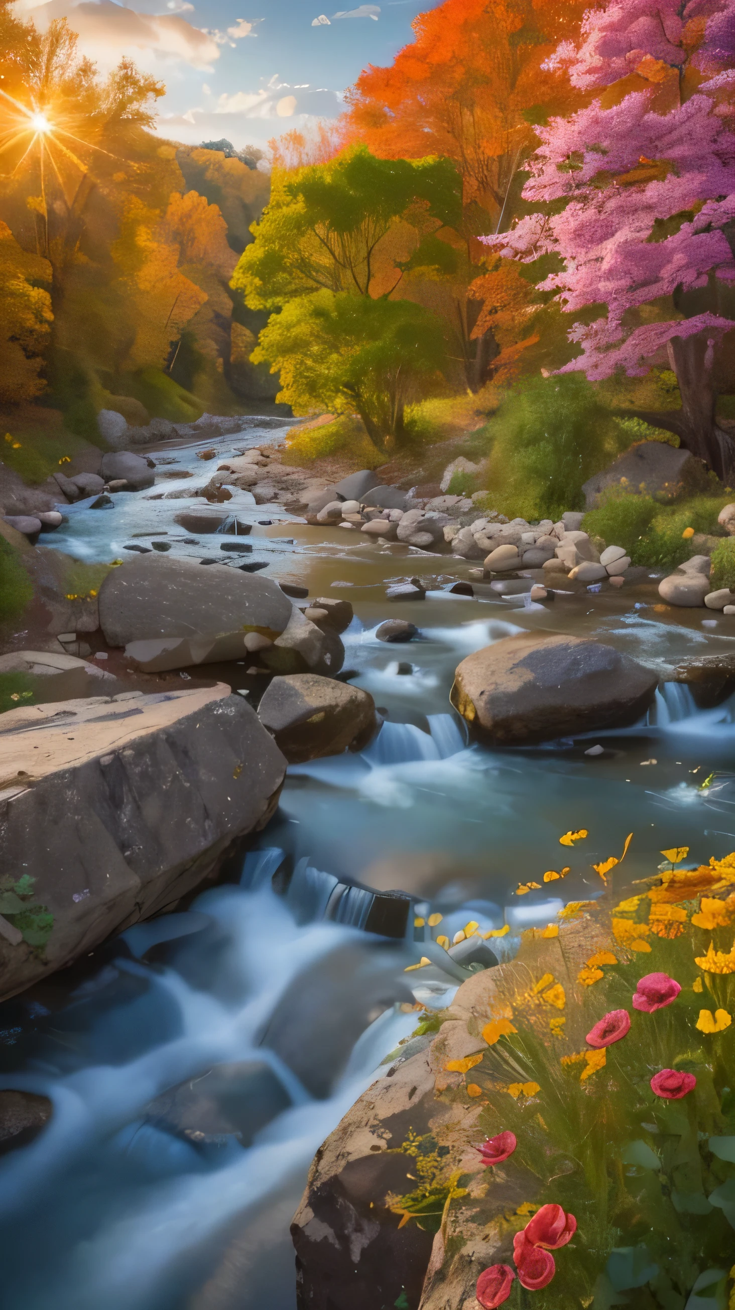 arafed view of a river with rocks and flowers in the foreground, vibrant water river, autumn tranquility, beautiful flowing feeling, flowers and waterfalls, serene scene, marc adamus, river stream, peaceful scene, scenic colorful environment, dreamy scene, river with stunning water, photorealistic landscape, serene colors, today\'s featured photograph 4k, beautiful digital painting