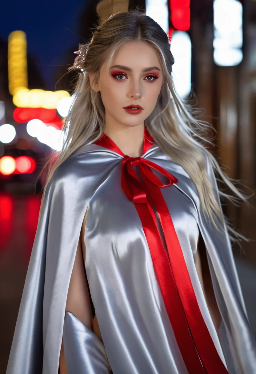 (RAW Photo) , (highly detailed:1.20) , ultra realistic :1.10) ,sexy girl in her 20s , (perfect face:1.20) , (detailed red eyes:1.20) , with long silver hair in ponytail , (((long silver satin cape tied at the neck with a ribbon :1.20))) , naked , full body, walking down street at night , high-quality ultra realistic style, detailed eyes, professional, expressive , 8K , highly detailed , professional,