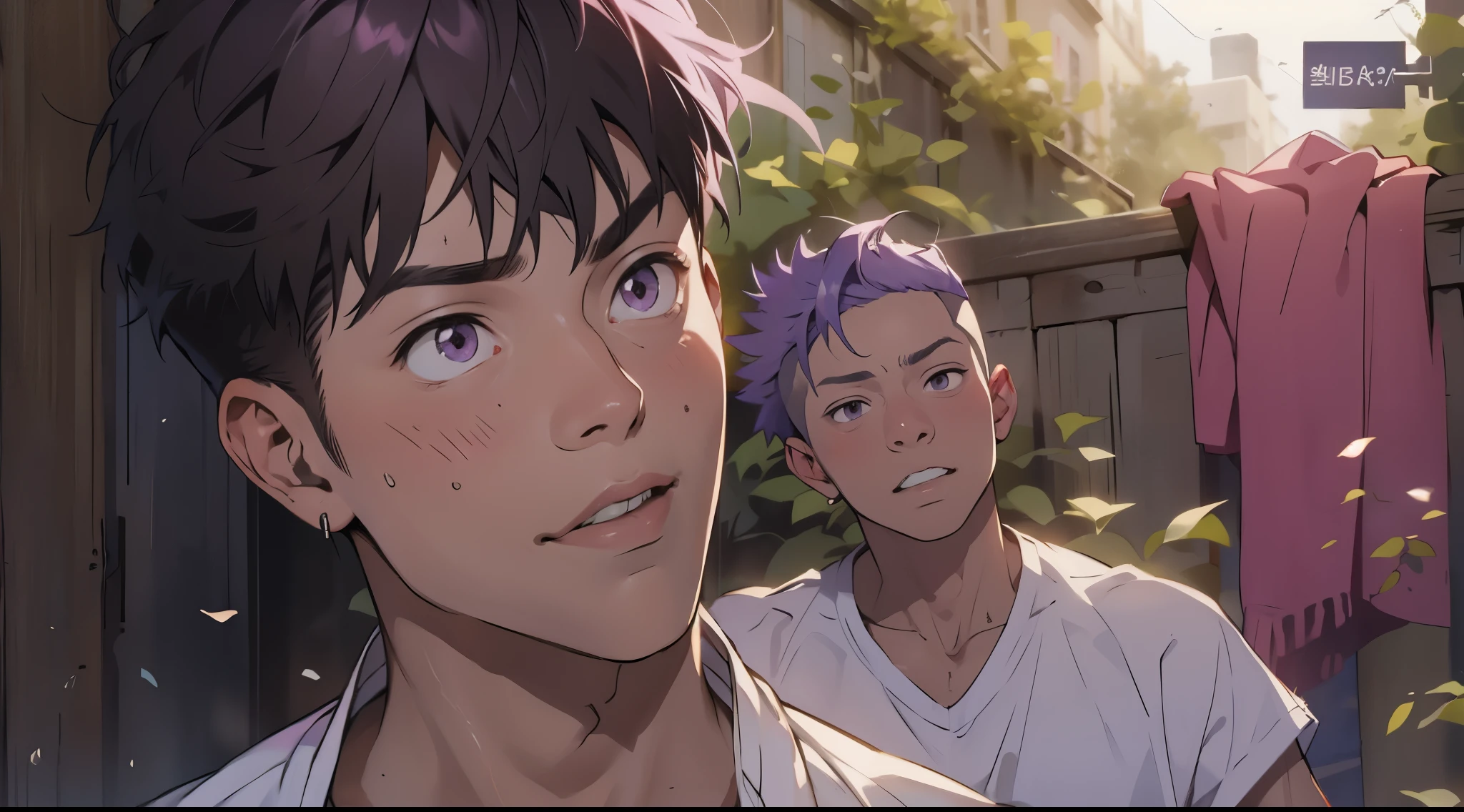cute boy is upset 17 years old purple eyes purple hair
