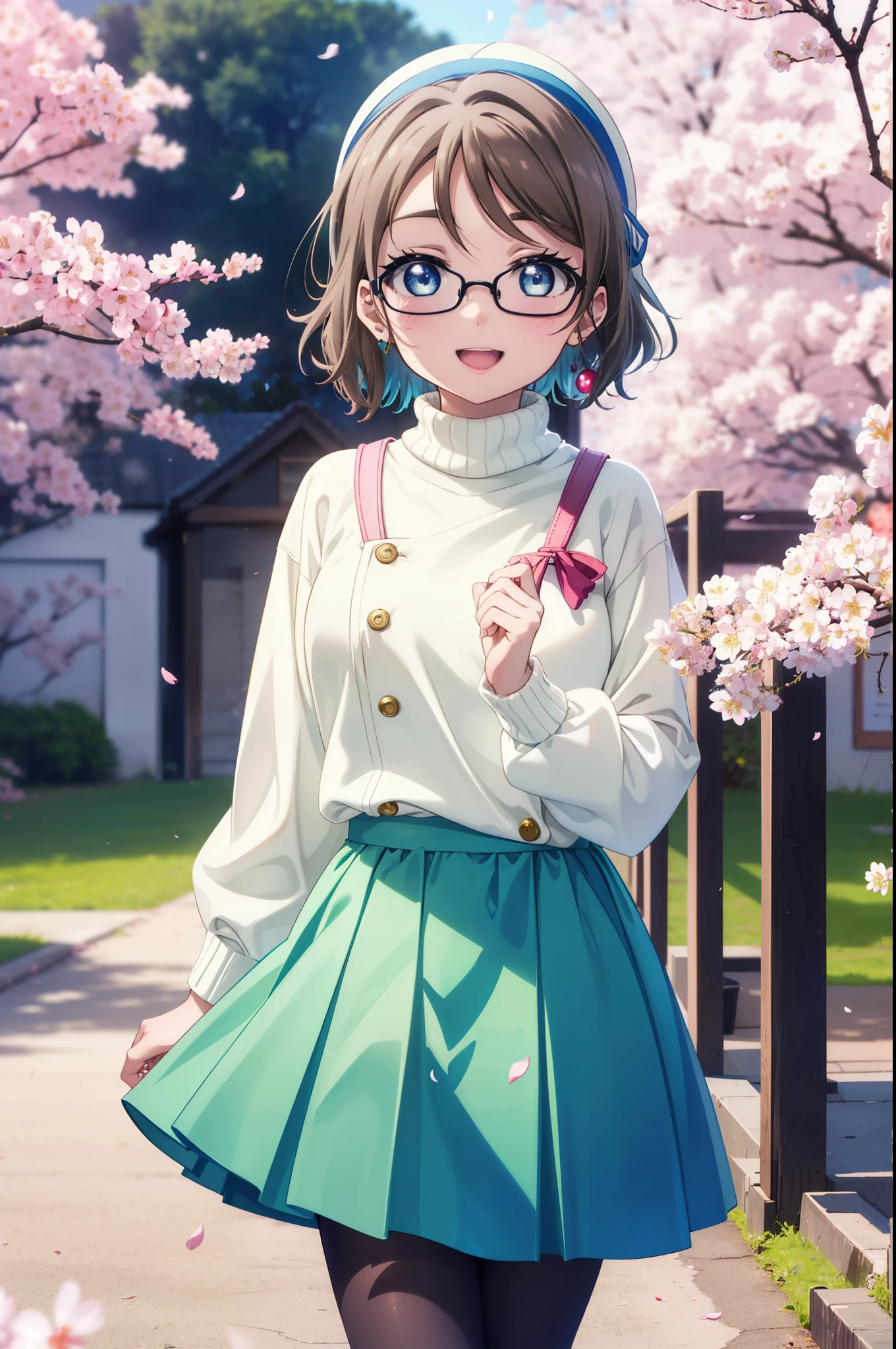 Yowatanabe, Watanabe Yo, short hair, blue eyes, brown hair, Black-rimmed glasses,Blue hair band,Turtleneck sweater,Long skirt,Black pantyhose,short boots,Cherry blossoms are blooming,Cherry blossoms are scattered,Cherry blossom tree-lined path,happy smile, smile, Open your mouth,whole bodyがイラストに入るように,walking,
break outdoors, garden,
break looking at viewer, whole body,(Cowboy Shot:1.5),
break (masterpiece:1.2), highest quality, High resolution, unity 8k wallpaper, (figure:0.8), (Beautiful fine details:1.6), Highly detailed face, Perfect lighting, Highly detailed CG, (Perfect hands, Perfect Anatomy),