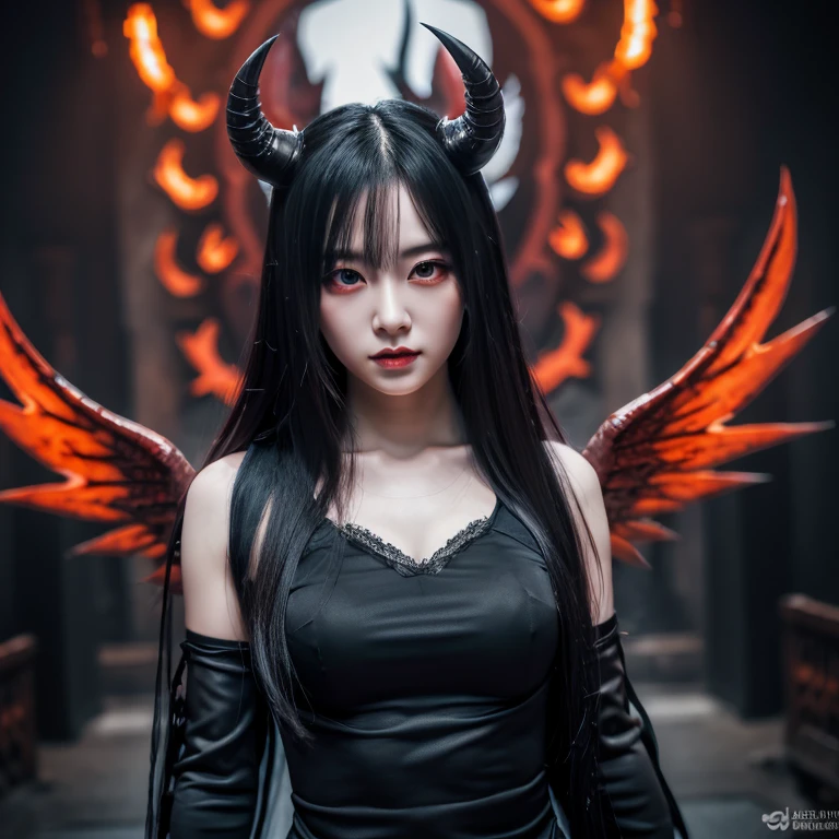 1 female demon with wings, Japanese, Asian eyes, horned, ultra detailed face and eyes, hyperrealistic, realistic depiction, 30 years old, wearing a long black dress, dancing through hell, full body view