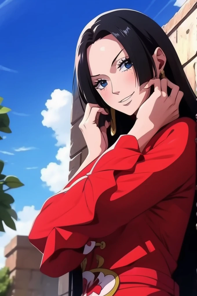 1 woman，Red clothes，masterpiece，close up，Looking at the camera，blush，Smile， Detailed fingers， Beautiful hands， 1 woman， brunette color hair： 1.1， Super detailed face， Delicate lips， Delicate eyes， Double eyelids，Whole body 1:1，Huge Breasts，Komono