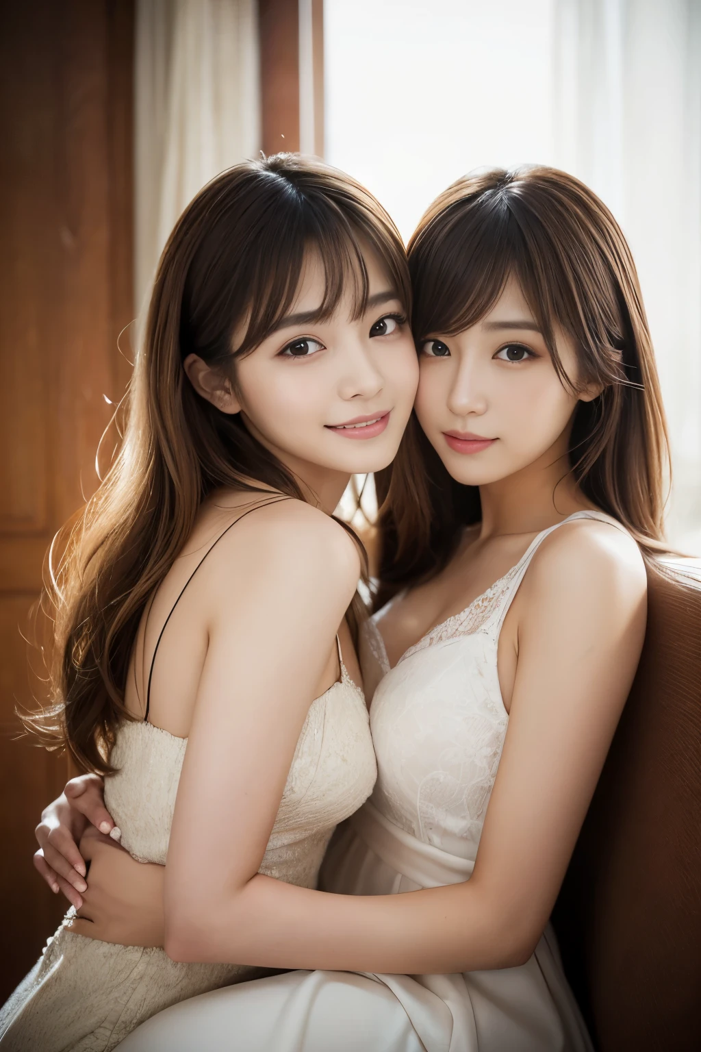 (2girl:1.3), gorgeous beautiful & elegant, (beautiful portrait of two women:1.25), (best quality, masterpiece:1.2), (photorealistic:1.2), 16K, absurdres, beautiful eyes, (light brown hair, asymmetrical hair, asymmetrical bangs, messy hair), full round face, (hug each other:1.2), (seductive smile:1.2), (dynamic lighting), (upper body), highly detailed,(close-up:1.1), Attractive 2 Japanese woman Pictures, 