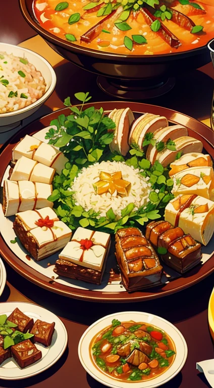 Illustrate a lavish spread of delicious Eid delicacies, including succulent lamb or goat dishes, aromatic rice, and an array of delectable sweets like baklava and ma'amoul.