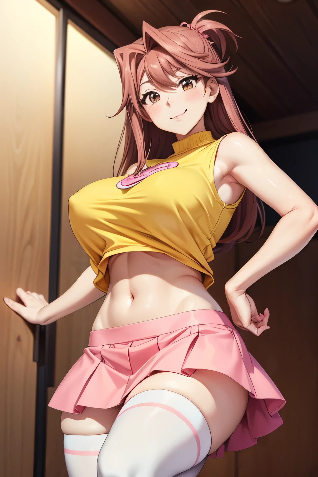 Anzu Mazaki, yellow sleeveless top, pink skirt, tight stockings, sexy pose, mischievous smile, empty eyes, hypnotized, looking at viewer, eye contact, seductive_pose, big breasts, precise hands, showing navel, the bottom of her breasts is showing
