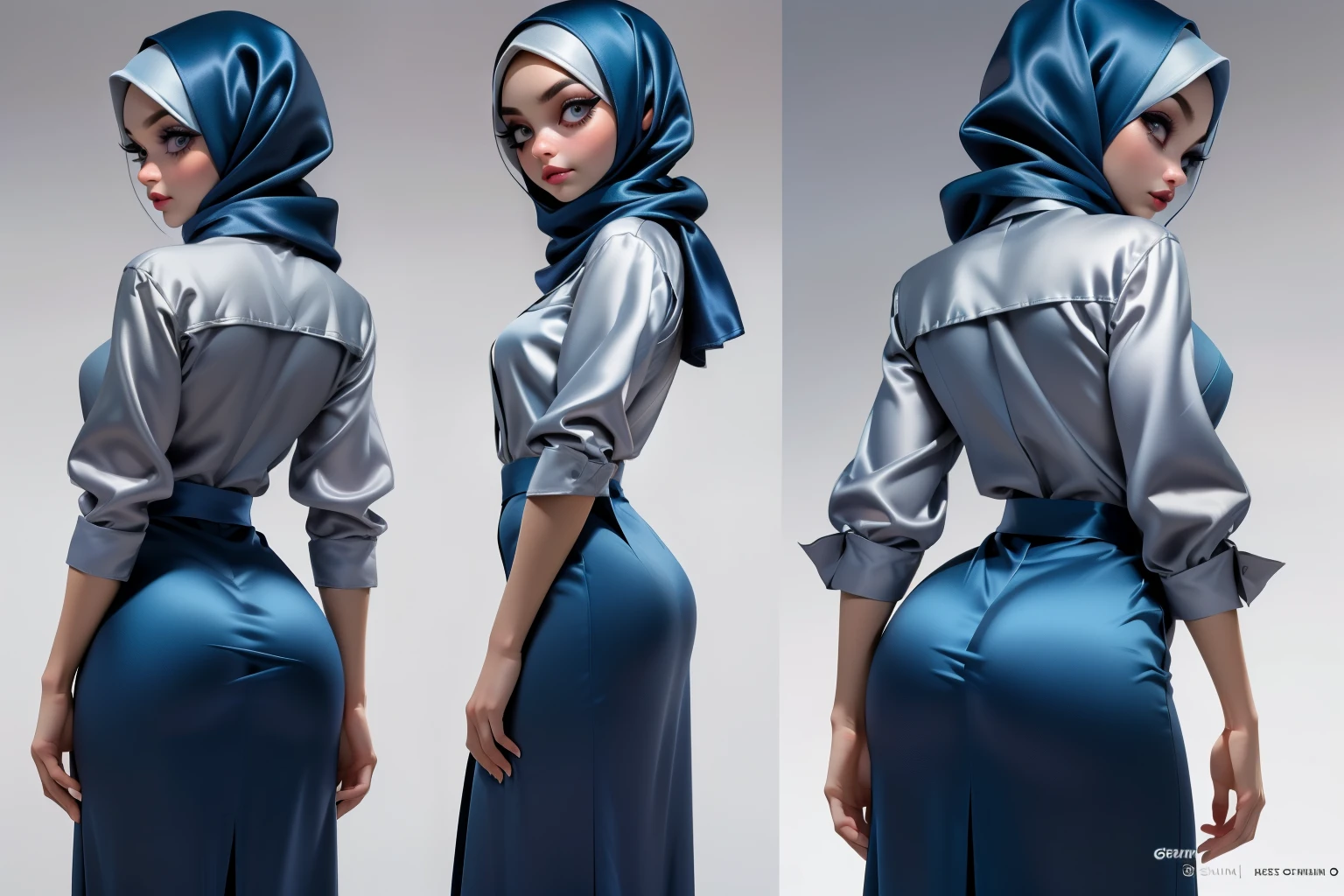 Character Design - a character design sheet of ((Masterpiece, best quality, photography, detailed skin, realistic, photo-realistic, 8k, highly detailed, full length frame, High detail RAW color art, diffused soft lighting, shallow depth of field, sharp focus, hyperrealism, cinematic lighting, hijab, a woman in a beautifully makeup, smokey eyeshadow, beautiful big eyes, long eye lashes, wearing (Dark blue satin hijab), loosely tide hijab style, ((gray satin shirt)), satin long maxi skirt, CDMM style, ((front, side and back views))