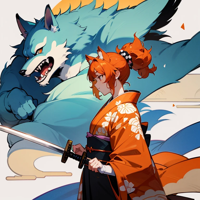 Please draw a side view of a Hokkaido dog beastman wearing a kimono with an anime pattern and wielding two swords.