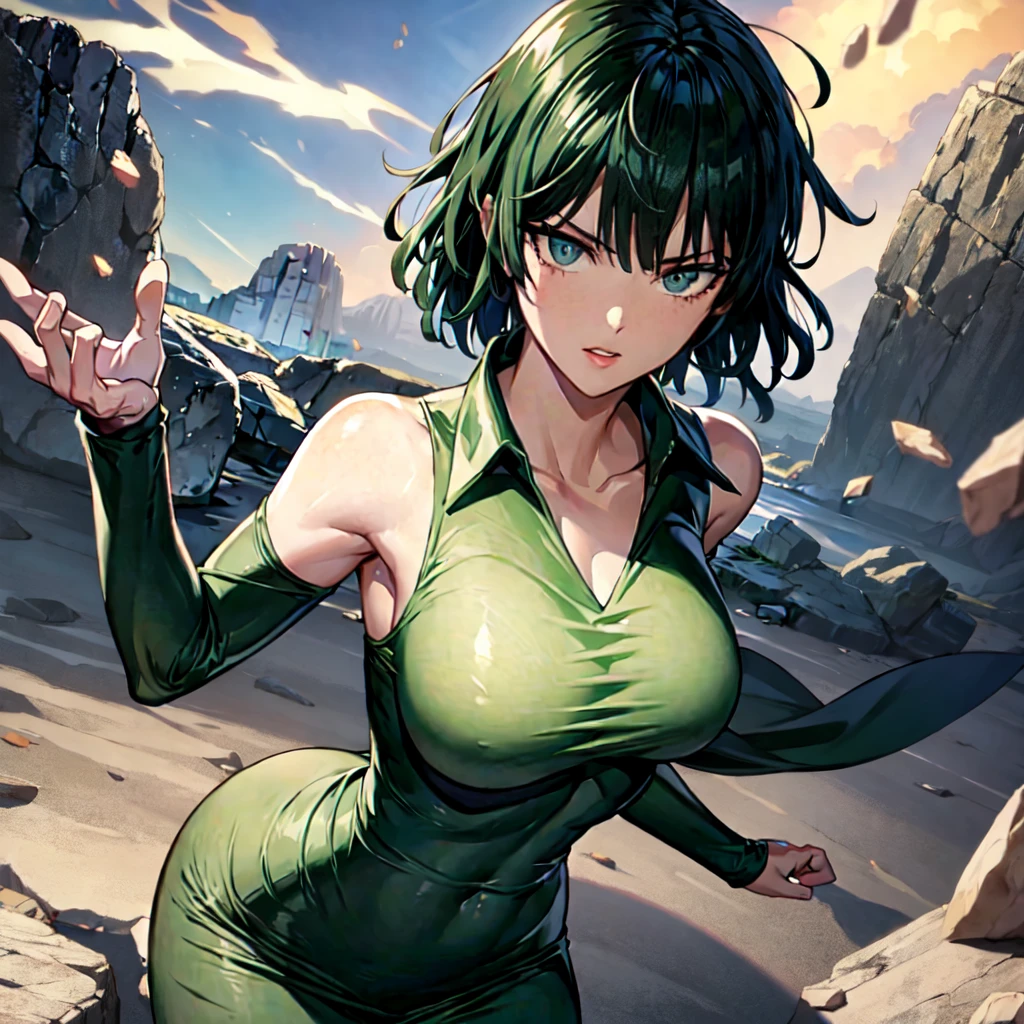 Anime art style, Fubuki from one punch man, green hair, white skin, wearing V-neck dress, flying over destroyed rock, cinematic lights, blushing cheeks, ligth smiling, detailed small breast, wide hips, NSFW, cowboy shot.