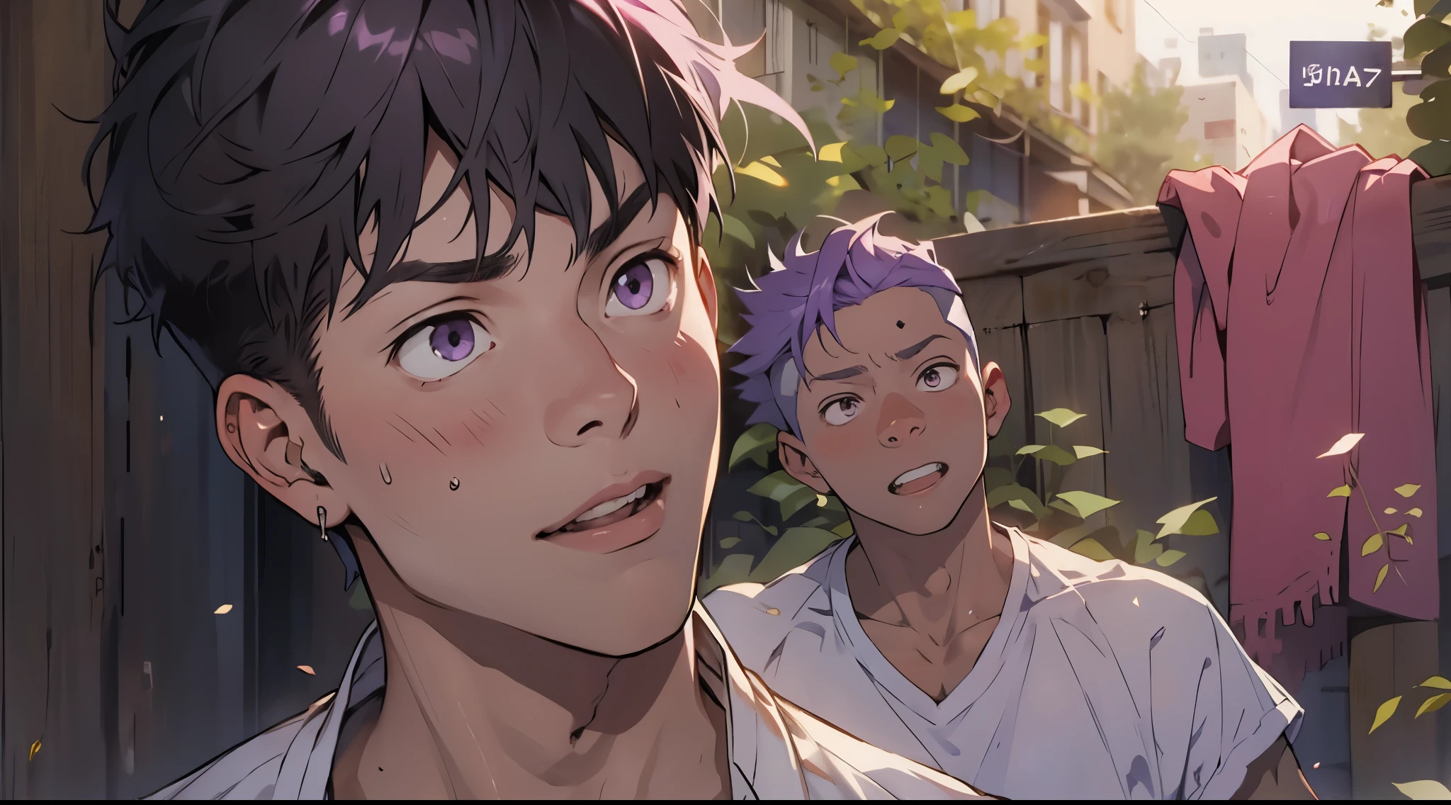 he is shouting insulting someone cute boy he is upset 17 years old purple eyes purple hair he is shouting