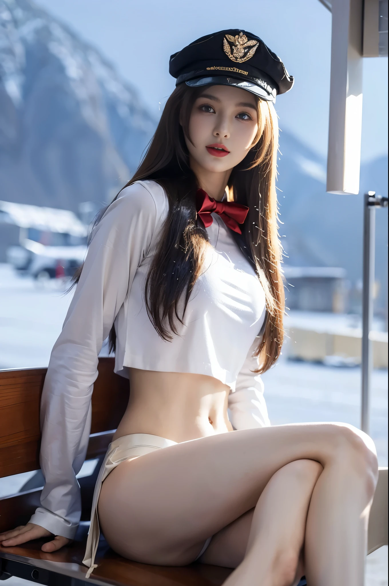masterpiece,(Very detailed CG unity 8K wallpaper,best qualtiy, 1woman,33,,Bigchest,Raised sexy,Pornographic exposure,Beauty contests,standing on your feet(Background with:aerodrome,snow mountains,Planes,at winter season,Blizzarding,Big snowflakes)in an airplane, She has long blonde hair,Long hair flutters in the wind,Redlip,Snow-white skin,dynamicposes,Sweat profusely,drenched all over the body,seen from the front, hair straight, mostly cloudy sky,cinmatic lighting,detailed back ground,beatiful detailed eyeright pupils,(Very fine and beautiful),(Beautiful and detailed eye description),Blue eyes,Redlip,ultra - detailed,tmasterpiece,)),facing at camera,(The upper part of the body),A high resolution,ultra - detailed),revealing breastare genitalia, Bulge,legs are open,sexyposture,Camel toelushed complexion,Open-mouthed,frontage,us airforce,military hat(Wearing:White transparent Air Force shirt,Large colored bow tie,,Gold wire embroidery,Black suspenderare breasts)