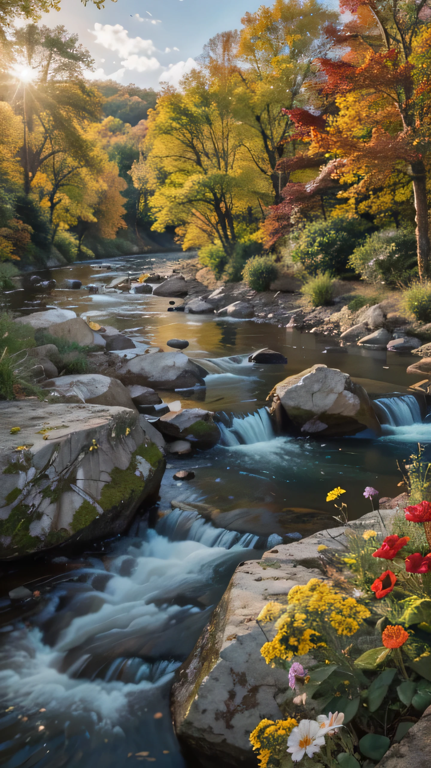 arafed view of a river with rocks and flowers in the foreground, vibrant water river, autumn tranquility, beautiful flowing feeling, flowers and waterfalls, serene scene, marc adamus, river stream, peaceful scene, scenic colorful environment, dreamy scene, river with stunning water, photorealistic landscape, serene colors, today\'s featured photograph 4k, beautiful digital painting