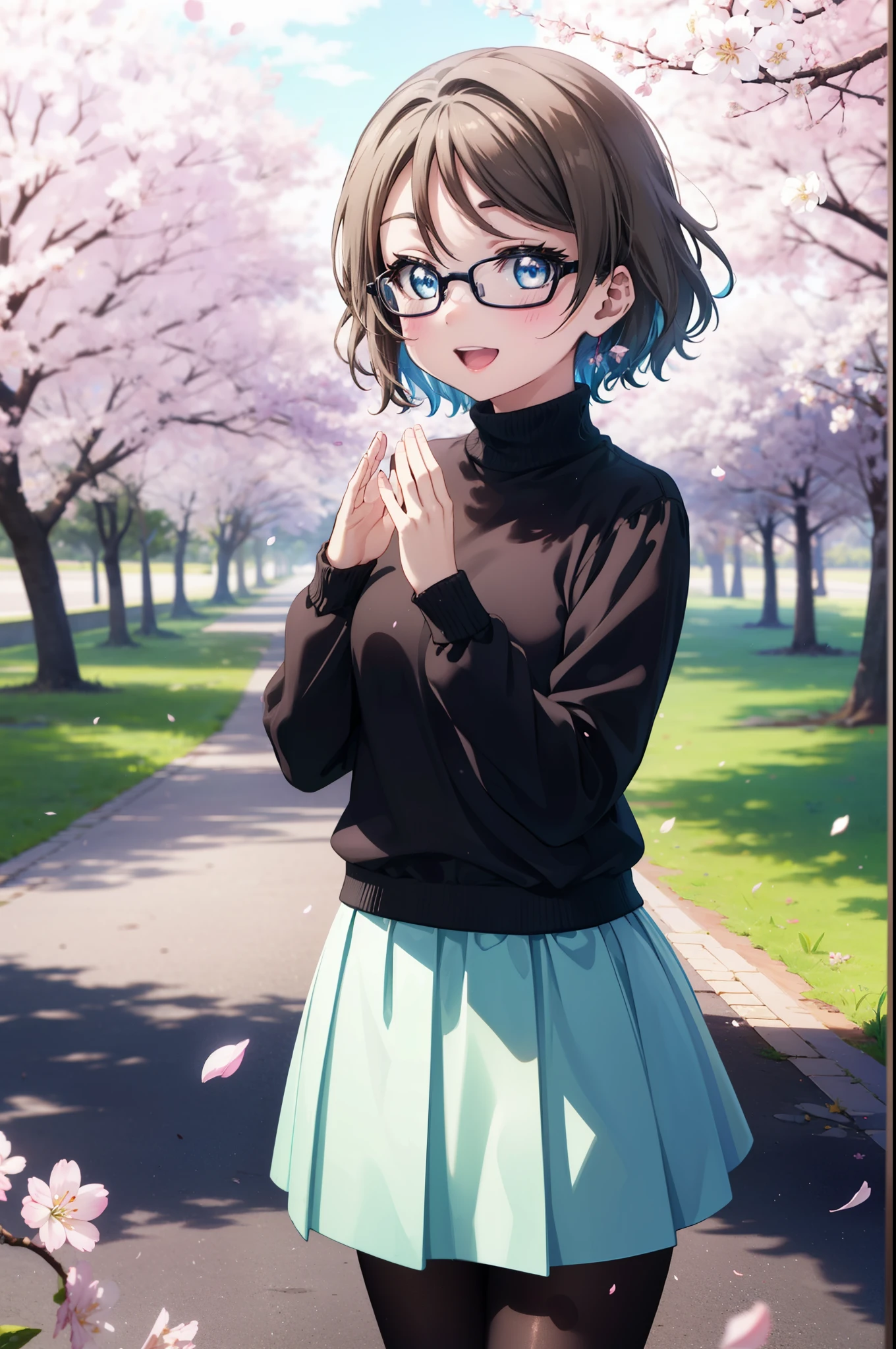 Yowatanabe, Watanabe Yo, short hair, blue eyes, brown hair, Black-rimmed glasses,Blue hair band,Turtleneck sweater,Long skirt,Black pantyhose,short boots,Cherry blossoms are blooming,Cherry blossoms are scattered,Cherry blossom tree-lined path,happy smile, smile, Open your mouth,whole bodyがイラストに入るように,walking,
break outdoors, garden,
break looking at viewer, whole body,(Cowboy Shot:1.5),
break (masterpiece:1.2), highest quality, High resolution, unity 8k wallpaper, (figure:0.8), (Beautiful fine details:1.6), Highly detailed face, Perfect lighting, Highly detailed CG, (Perfect hands, Perfect Anatomy),