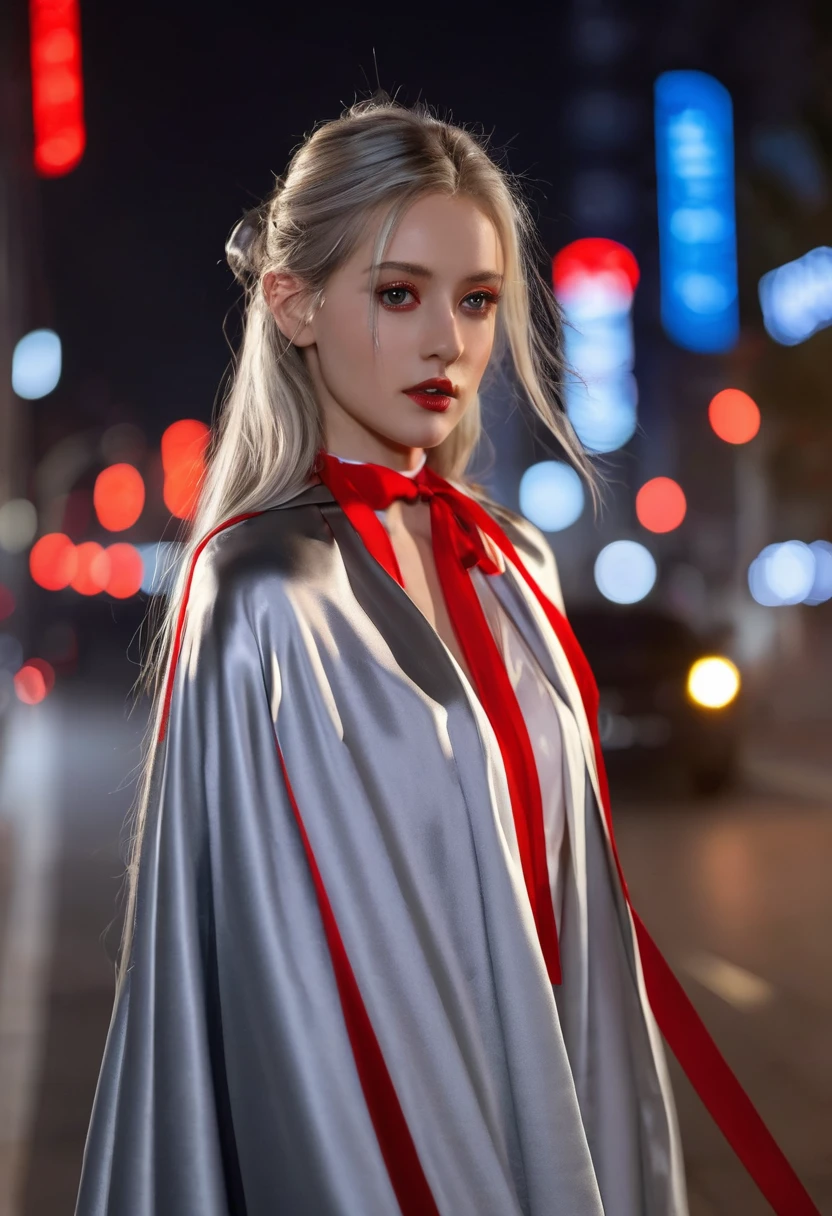 (RAW Photo) , (highly detailed:1.20) , ultra realistic :1.10) ,sexy girl in her 20s , (perfect face:1.20) , (detailed red eyes:1.20) , with long silver hair in ponytail , (((long silver satin cape tied at the neck with a ribbon :1.20))) , naked  , full body, walking down street at night , high-quality ultra realistic style, detailed eyes, professional, expressive , 8K , highly detailed , professional,