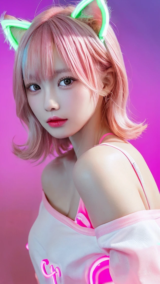masterpiece, highest quality, 4K, Photorealistic, bokeh, enlightenment,1 perfect portrait of a girl, (A fascinating eye for perfect detail:1.2), colorful hair, (gradient hair), (neon pink hair:1.6), (Cat ear), fantasy background, (exposed bare shoulders), (long-term alienation_sleeve), (lean forward a little), If you look up,hair ornaments,{shy},please shut your mouth, head tilt, movie lighting, oversized clothes, (seductive pose:1.4), (neon pink background:1.6)