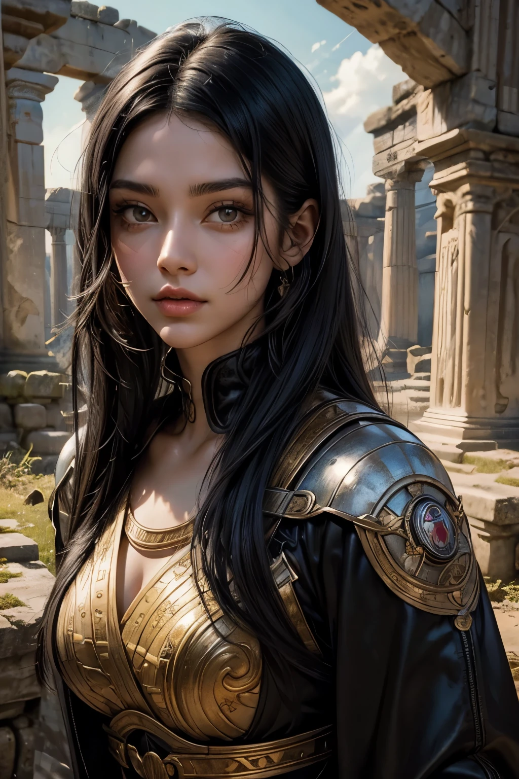 A beautiful woman. Twenty years old. Black hair. Detailed drawing of the face. Beautiful double eyes. The bridge of my nose. Well-shaped lips. She has a serious expression on her face. She is dressed as an explorer. There are super ancient ruins in the space behind her.
