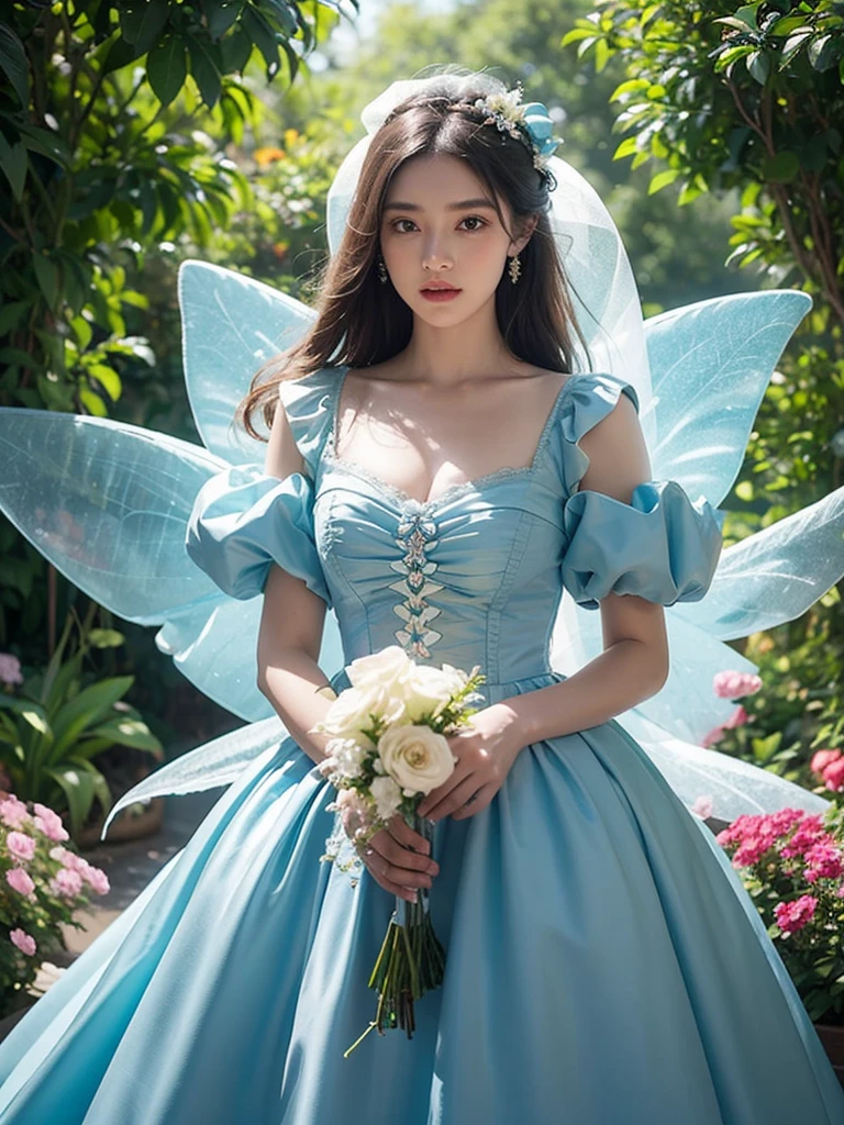 Arapé woman wearing a blue dress and holding a bouquet of flowers, Marie Angel's photo., tumbler, Rococo, Rococo dress, celestial fairy tale, dreamy style, victorian blue dress, dreamy and heavenly, Ethereal and dreamy, fantasy dress, magic dress, dreamy aesthetics, Rococo ruffles dress, , romantic dress, flower dream, very magical and dreamy, Official artwork