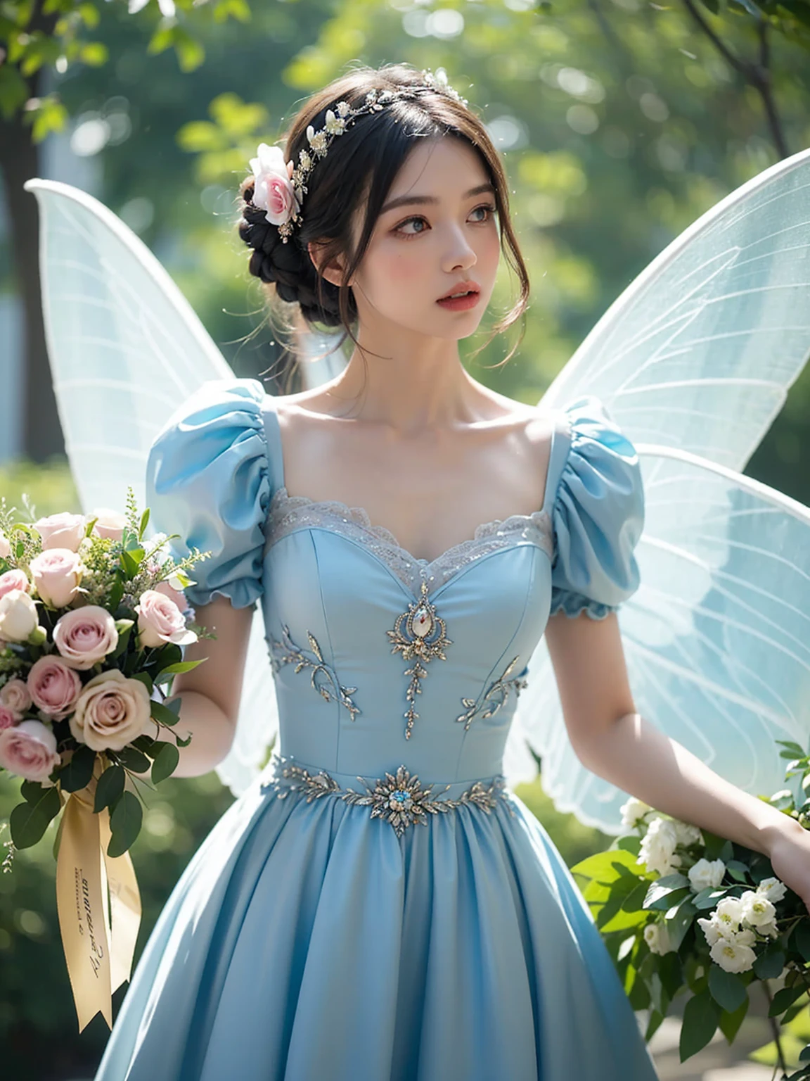 Arapé woman wearing a blue dress and holding a bouquet of flowers, Marie Angel&#39;s photo., tumbler, Rococo, Rococo dress, celestial fairy tale, dreamy style, victorian blue dress, dreamy and heavenly, Ethereal and dreamy, fantasy dress, magic dress, dreamy aesthetics, Rococo ruffles dress, fairy core, romantic dress, flower dream, very magical and dreamy, Official artwork