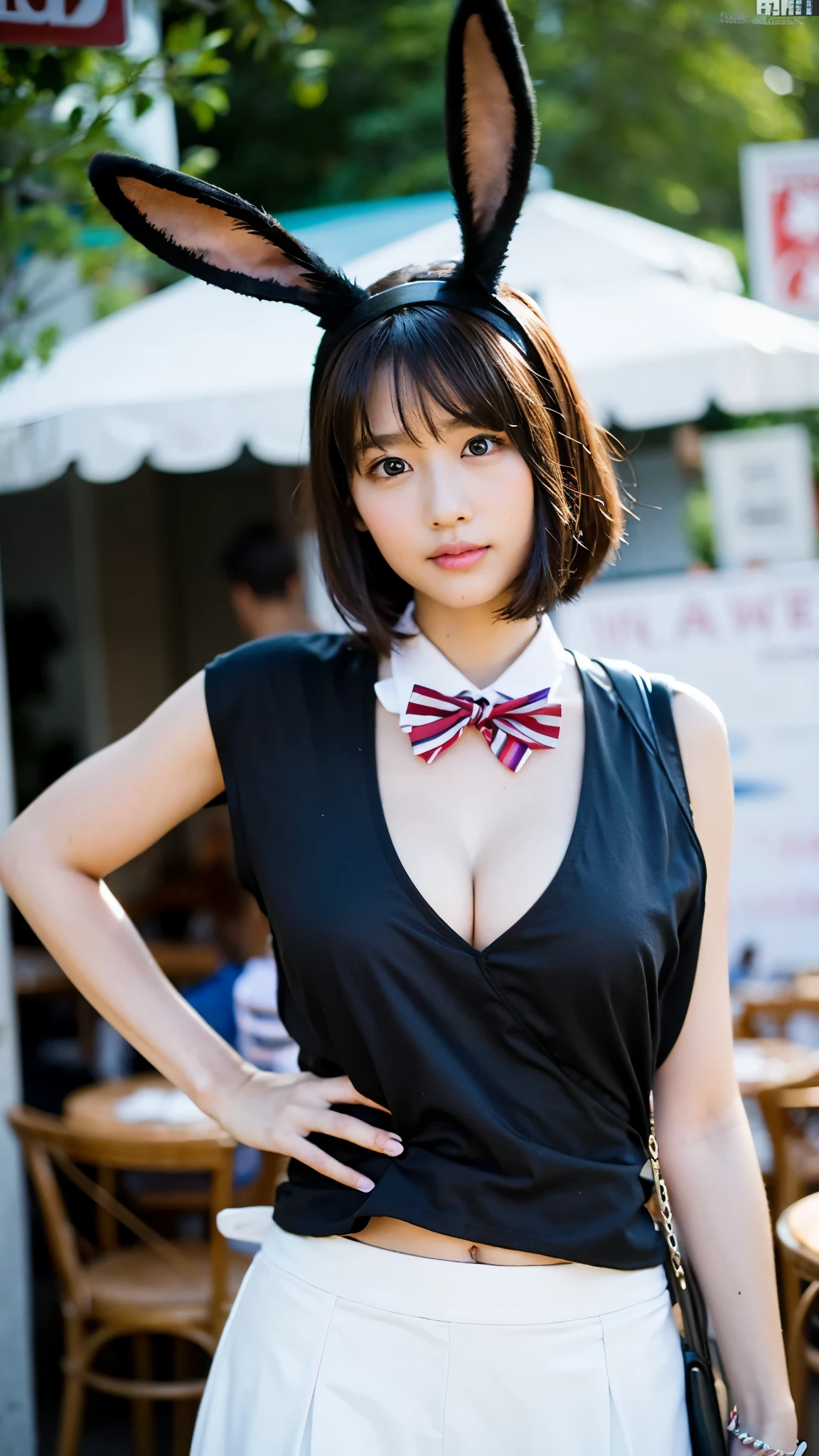 RAW photo, 1 girl, incredibly absurd, 20-year-old, beautiful girl, (cute), (short hair), photo shoot, realistic, Depth of the bounds written, High resolution, Super detailed, delicate, very detailed, highly detailed eyes and face, sharp pupils, realistic waitress costume, sharp focus, Backlight LED lighting, Cafe terrace seating, Eye and face details, (Bunny girl), ta fashion, mini skirt, full body shot full body, (wind lift:1.6), cameltoe, seductive gaze, A bow tie, Rabbit ear headband, (Big breasts that are about to burst), Close-up, perfect body, (look up from below)