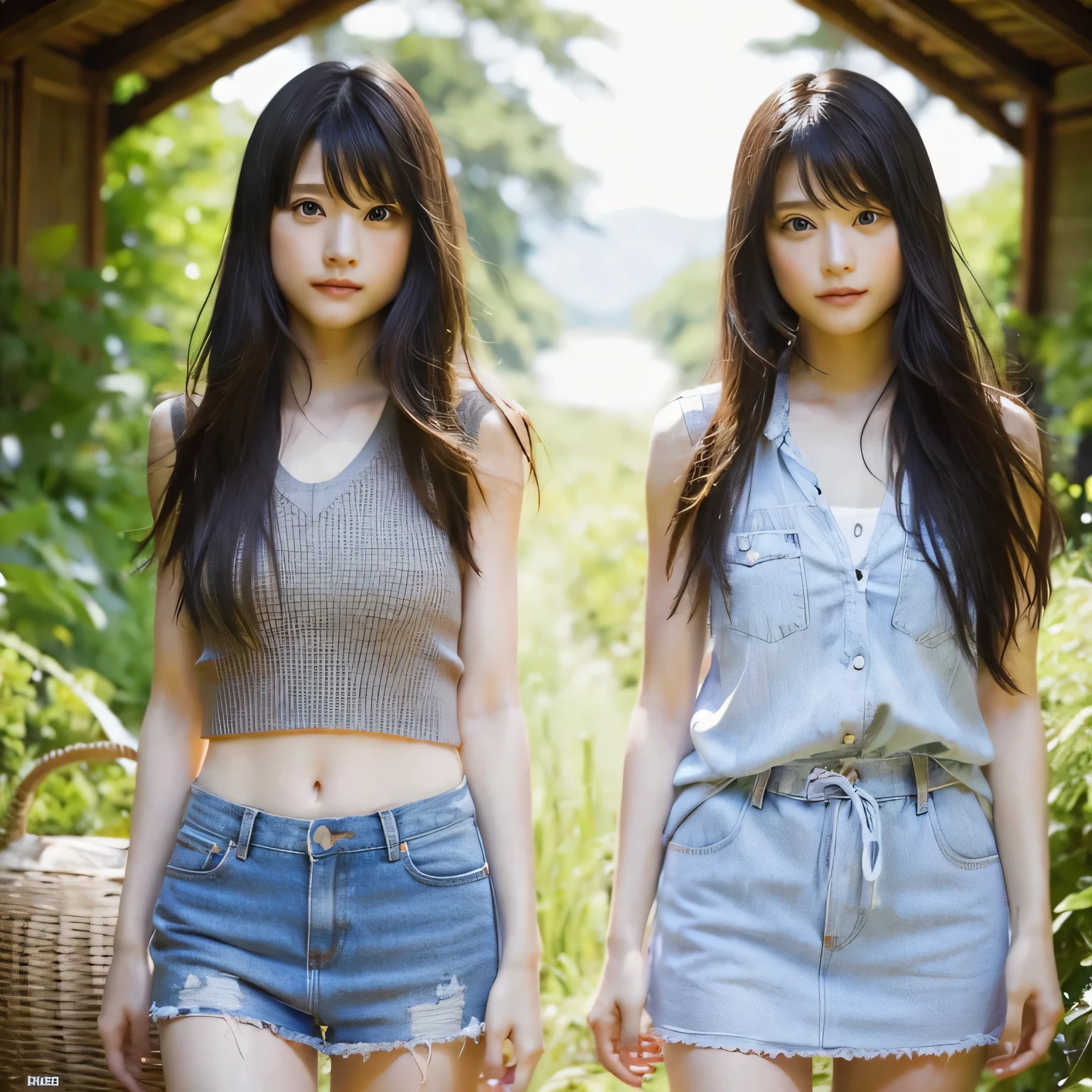 masterpiece, best quality, high resolution, ahri1, 1 Girl,  Korean female stars，Blonde hair, potassium/and (League of Legends), Long hair, Colorful hair, Open hair, blue eyes, Two-tone hair, beach andy, Smile, She has 2 girls on either side, The boy with red hair on the left，The boy with blue hair on the right