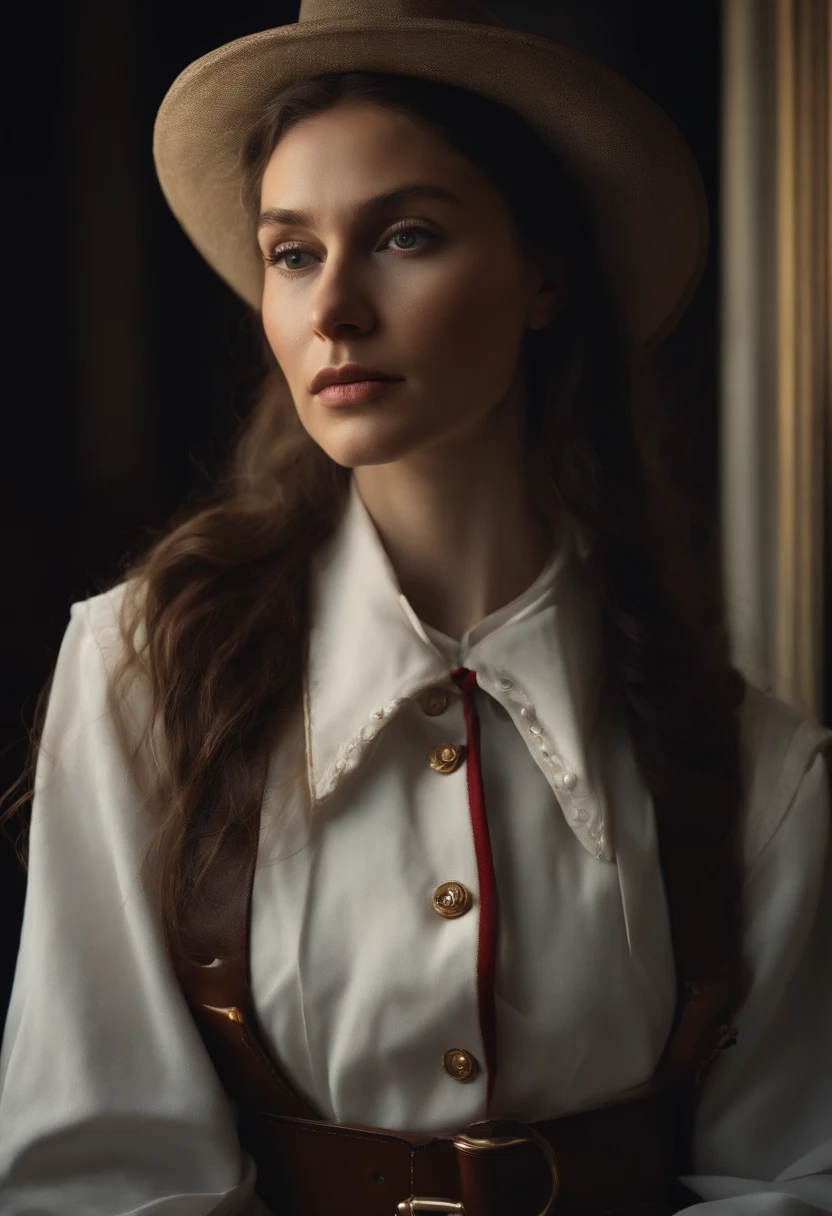 Surrealist Portraits of Women by David Hockney and Alphonse Mucha,Fantasy Art, Photo-realistic, Dynamic Lighting, Art Station, poster, Volumetric Lighting, Very detailed faces, 4 thousand, The award-winning,, 1 Girl, in the darkness, Deep Shadow, Low profile,Cowboy shooting,(Official uniform:1.4) ,Long hair,white hair,
