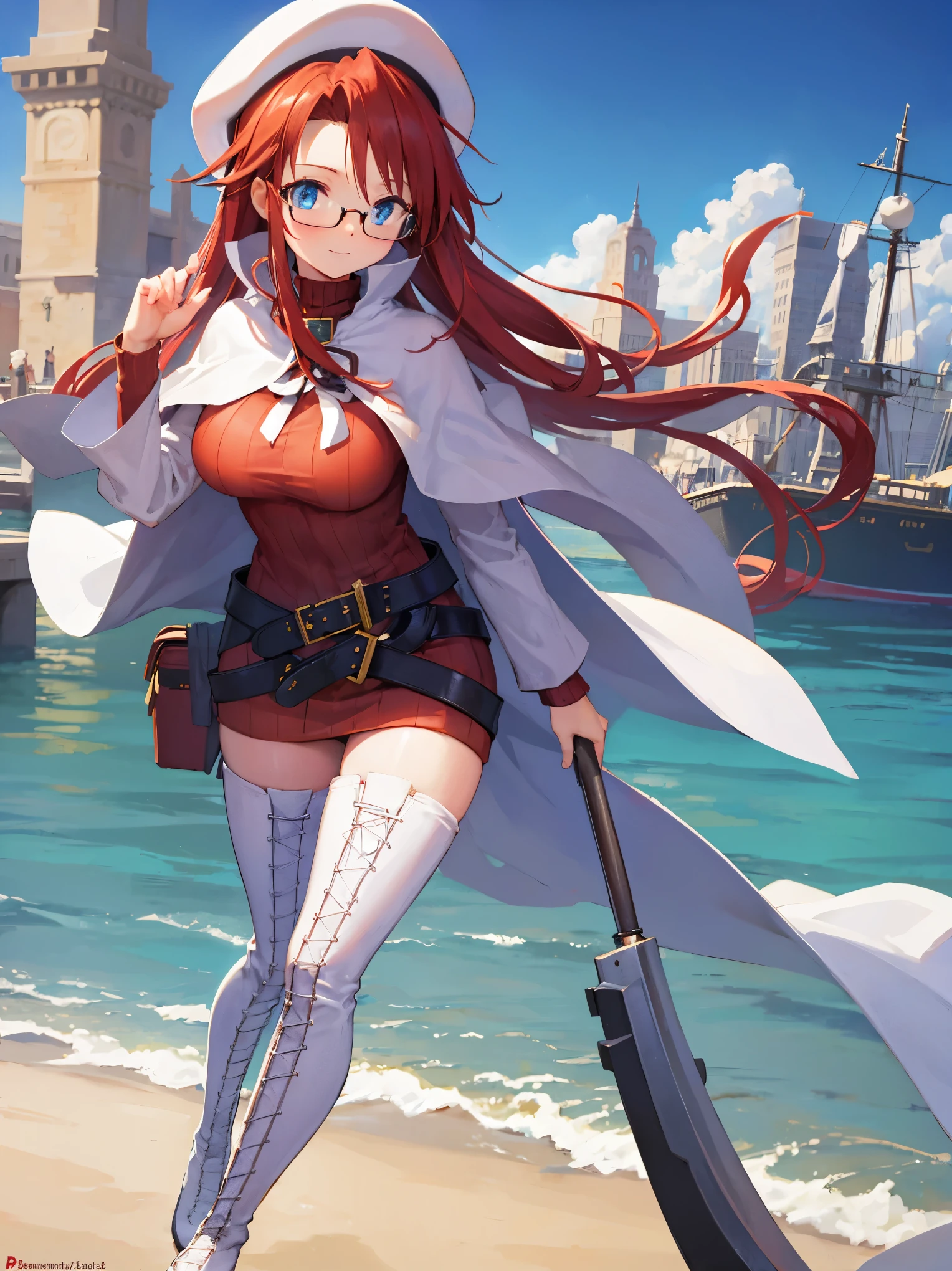 summonnightaty, aty, long hair, blue eyes, red hair, beret, hat, glasses,
BREAK long hair, thighhighs, hat, dress, boots, glasses, belt, cape, sweater, zettai ryouiki, beret, thigh boots, white footwear, ribbed sweater, loose belt,solo,
BREAK outdoors, fantasy,on_a_ship,
BREAK (masterpiece:1.2), best quality, high resolution, unity 8k wallpaper, (illustration:0.8), (beautiful detailed eyes:1.6), extremely detailed face, perfect lighting, extremely detailed CG, (perfect hands, perfect anatomy),covered_nipples,covered_navel,light_smile ,(half_eyes:1.4),sword,armpit,sleepy,dynamic_standing,barrel,red_sweater,apart_legs,magical_effect,pulmp,big_tits,