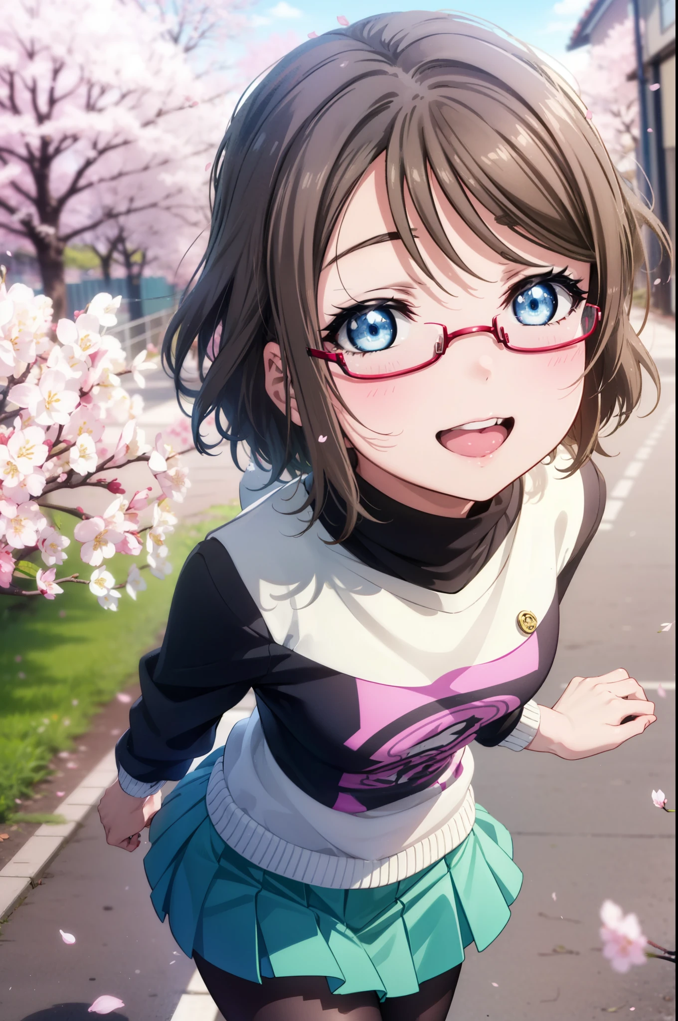 Yowatanabe, Watanabe Yo, short hair, blue eyes, brown hair, Black-rimmed glasses,Blue hair band,Turtleneck sweater,Long skirt,Black pantyhose,short boots,Cherry blossoms are blooming,Cherry blossoms are scattered,Cherry blossom tree-lined path,happy smile, smile, Open your mouth,whole bodyがイラストに入るように,walking,
break outdoors, garden,
break looking at viewer, whole body,(Cowboy Shot:1.5),
break (masterpiece:1.2), highest quality, High resolution, unity 8k wallpaper, (figure:0.8), (Beautiful fine details:1.6), Highly detailed face, Perfect lighting, Highly detailed CG, (Perfect hands, Perfect Anatomy),