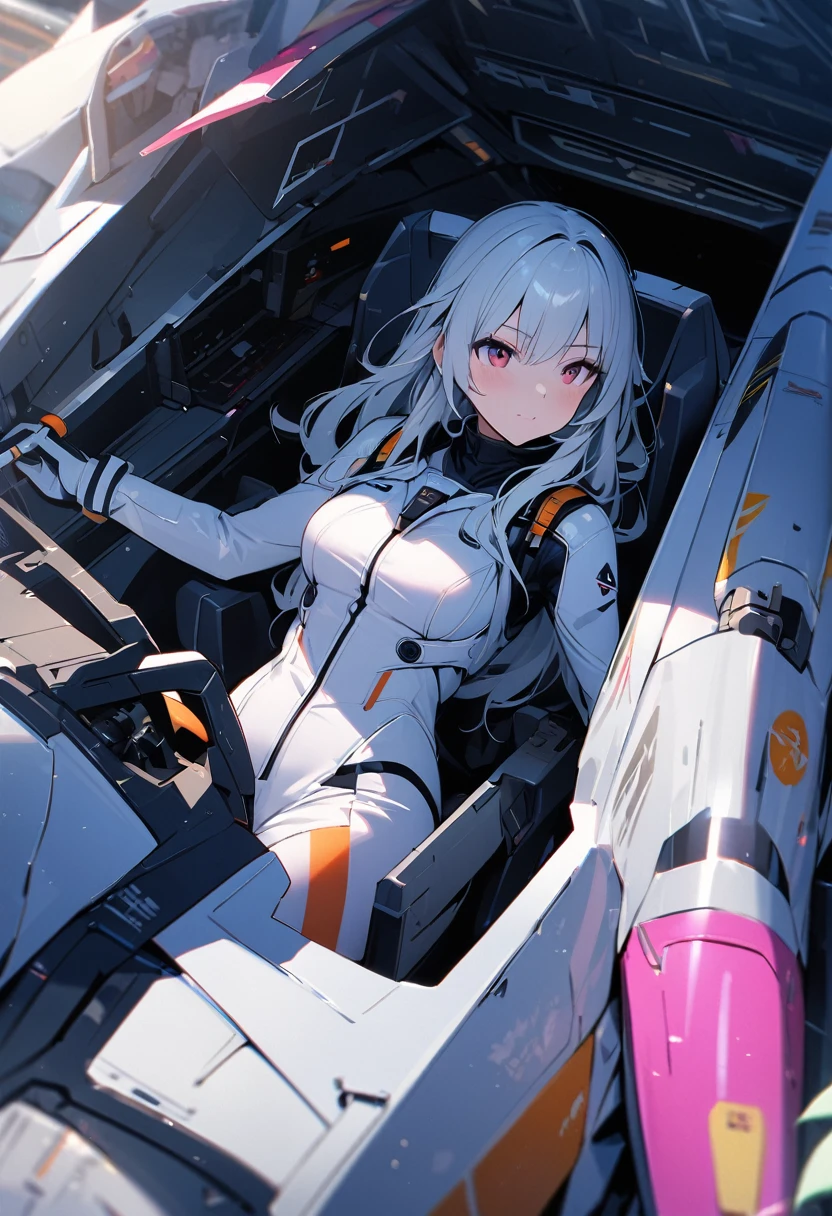 High quality, high definition images, full HD、
8k.1 girl( white long hair),Futuristic fighter pilot,black and white pilot suit,Inside the cockpit of a fighter jet The canopy is up,Maintenance staff Many, holding the control stick and looking at the instruments in front of him.