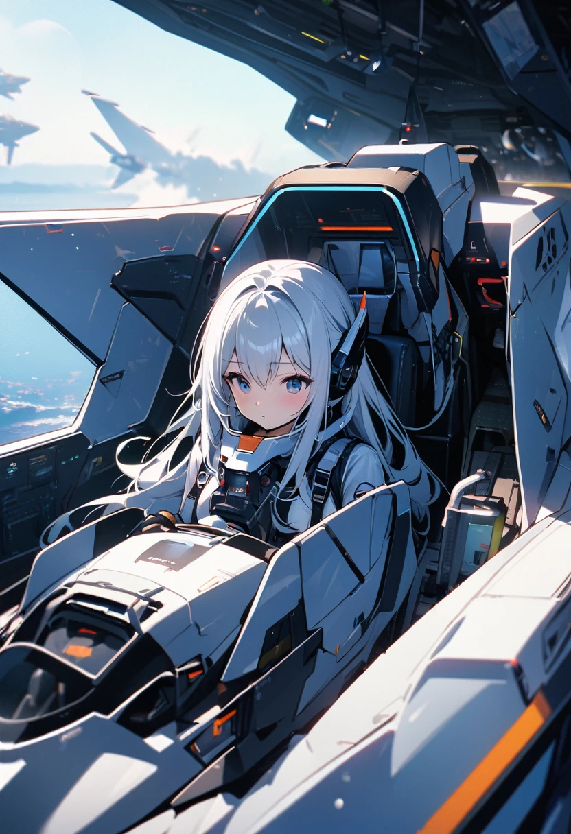 High quality, high definition images, full HD、

8k.1 girl( white long hair),Futuristic fighter pilot,black and white pilot suit,Inside the cockpit of a fighter jet The canopy is up,Maintenance staff Many, holding the control stick and looking at the instruments in front of him.



