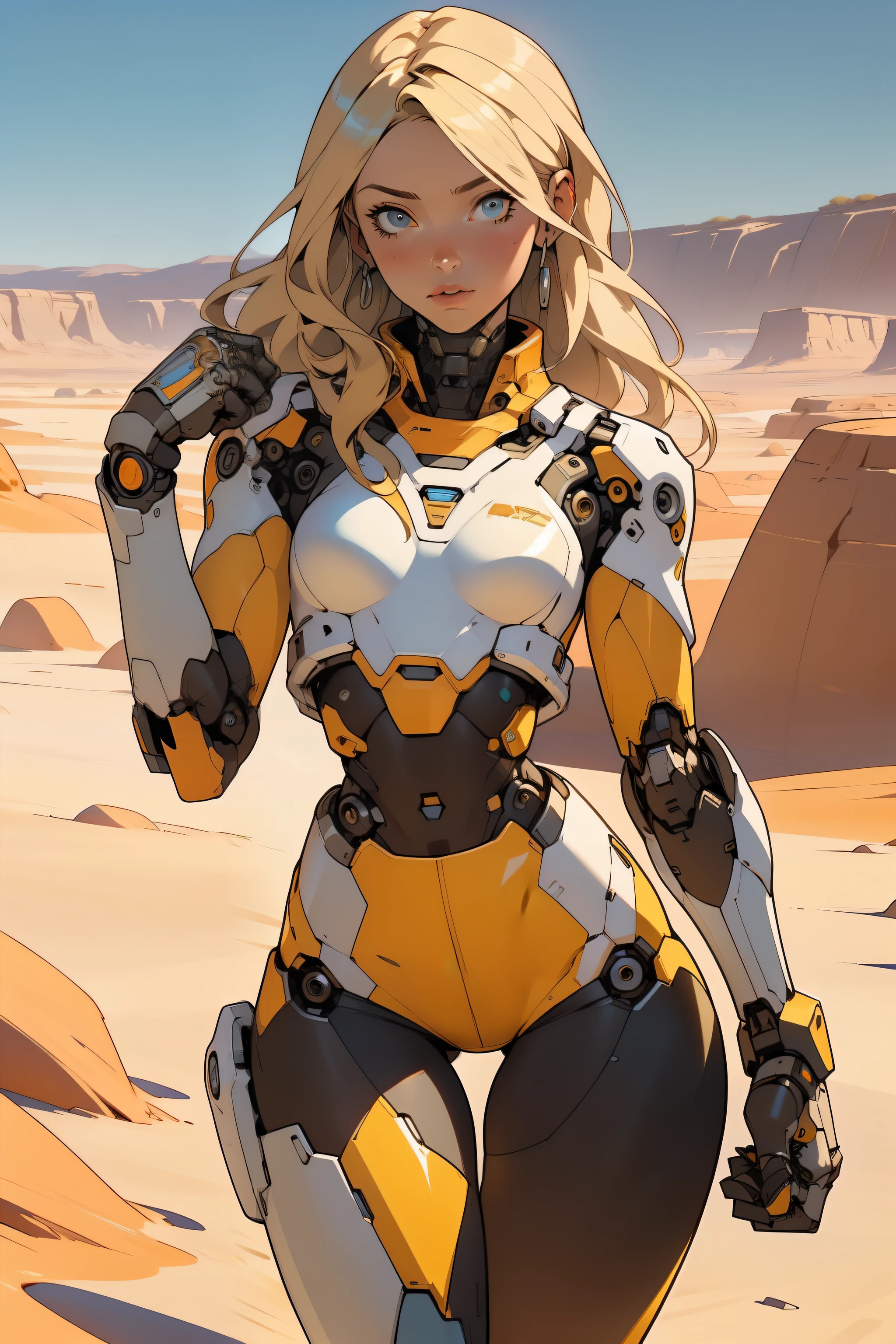 high quality, 4k, masterpiece, beautiful, cyborg girl, cowboy shot, dull eyes, front, looking at viewer, long blonde hair, girl, small breasts, fit thighs, robotic arms, robotic body, cyborg body, white & yellow uniform, orange accent, intricate detail, joint, detailed lines, robotic detail, holding fist up, holding hand up as fist, color robotic parts, robotic parts with color, perfect fingers, on a desert planet, sunny background, colorful desert, a river or a lake in the background, slender thighs, skinny thighs,