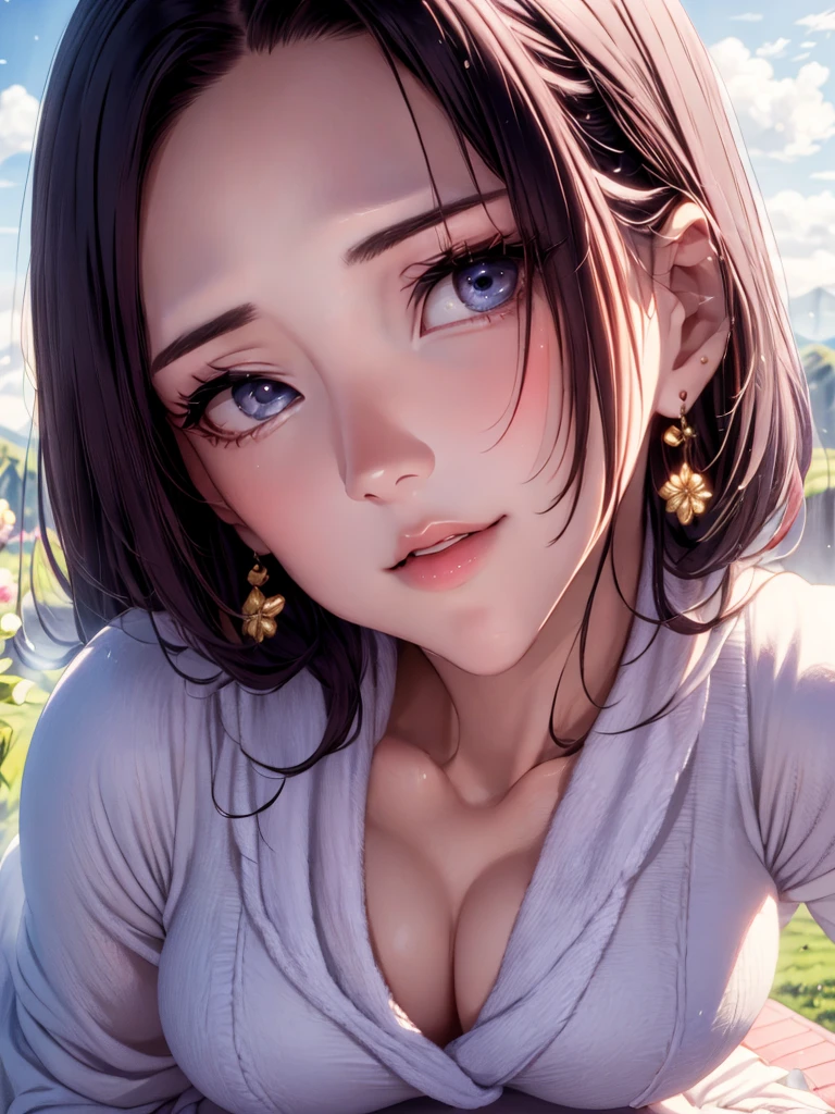 masterpiece, Huang Li, Fruit ice\(Boruto\), 1 girl, Solitary,Mature female, Purple suspender skirt,cleveage,Large Breasts,Cleavage,brown pants,appearance,Lavender flower field, Looking at the audience, (Cloudy sky like falling petals, Perfect composition, Delicate lips,, Beautiful face, Body support, blush, (Pink lips), White hair, Eye roll, gentle gaze, sad smile, super realistic, detailed, photo shoot, Realistic face and body, Photo-realistic hair, Realistic eyes,realistic nose,Realistic lips