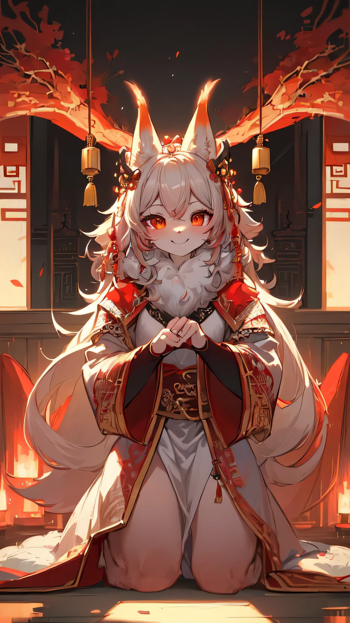 (best quality, 4K, high resolution), fluffy, white fur, adorable face, red accents on fur, chest, beautiful lighting, ambient light, extremely detailed fur, volumetric lighting, fox, Chinese style, kneeling pose, smiling, looking at you, fox nose, paws, flames, clothes on fire, bells on the head