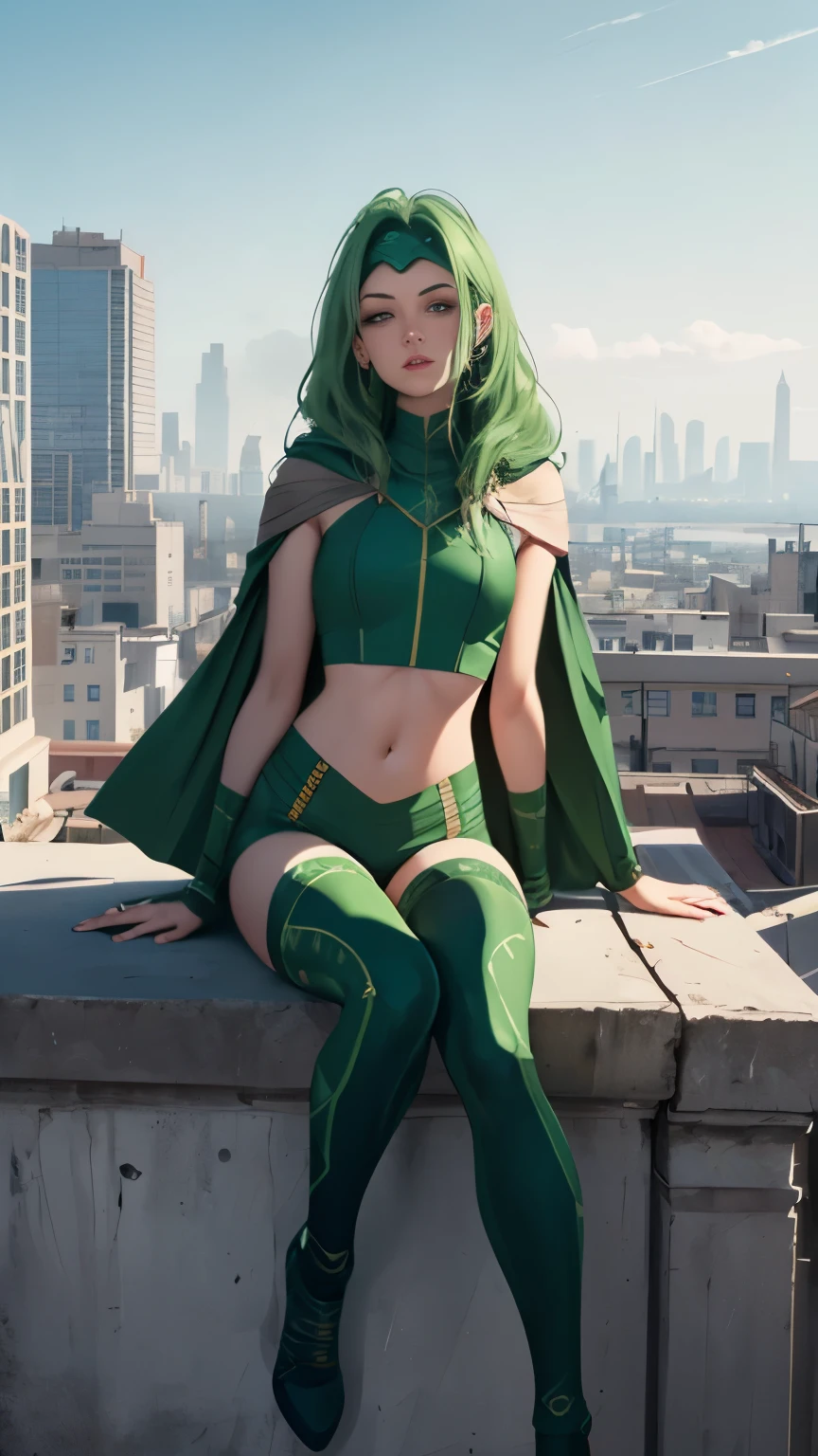 (Highly quality, masterpiece, detailed), city detailed scenario, city detailed background, 20 years old girl, solo, Polaris, green hair, bodysuit, cape, helmet, green crop top, thigh highs, sitting on top of a building, navel, perfect face, beautiful eyes, looking at the viewer, Sexy pose