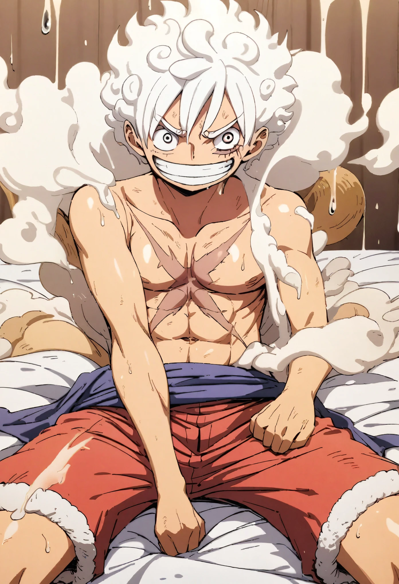 monkey d luffy with scar under his eye and x scar on his big chest on a bed without clothes with his penis hard and dripping white semen