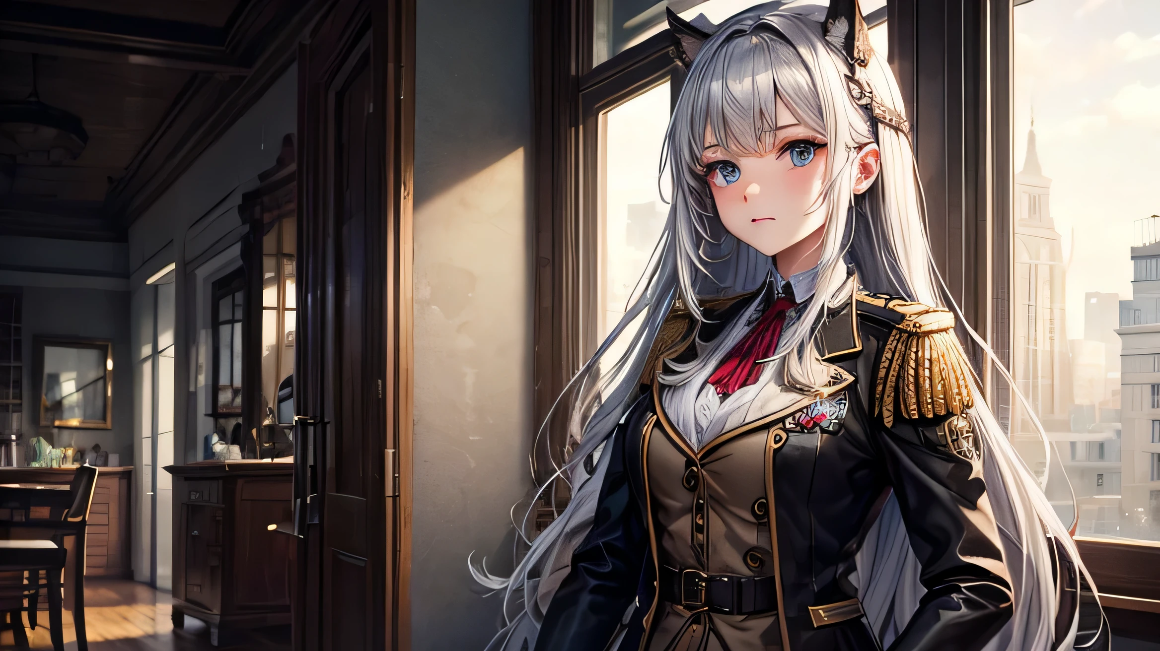 female
Rugged expression
plump
gray hair
Long hair
Steampunk outfit
Gothic costume
Brown clothes
Military uniform