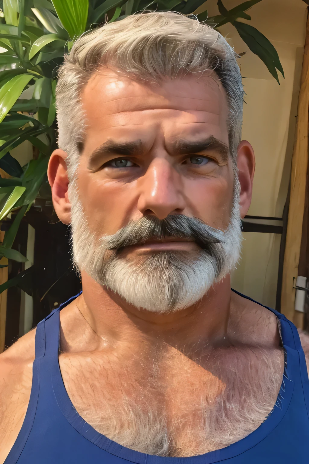 (handsome mature man), (50 yo), white man, wearing a thong, dripping wet, bulge, (beefy:1.3), beard, looking at viewer, beautiful man, detailed eyes, symmetric face, smirk, robust, greying hair, mustache