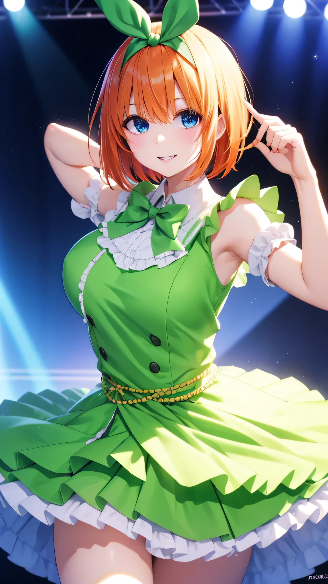 yotsubanakano, Nakano Yotsuba, bangs, short hair, blue eyes, hair between eyes, hair ribbon, hair band, orange hair, green ribbon, Best smile, low person, green bow, green ribbon, (idol costume:1.3), (frills:1.1), Upper body, stage background, highest quality, High resolution, unity 8k wallpaper, (shape:0.8), (beautiful and detailed eyes:1.3), highly detailed face, perfect lighting, Detailed CG, (perfect hands, perfect anatomy), smile,I have a microphone, (Song:1.3), (dance:1.3)