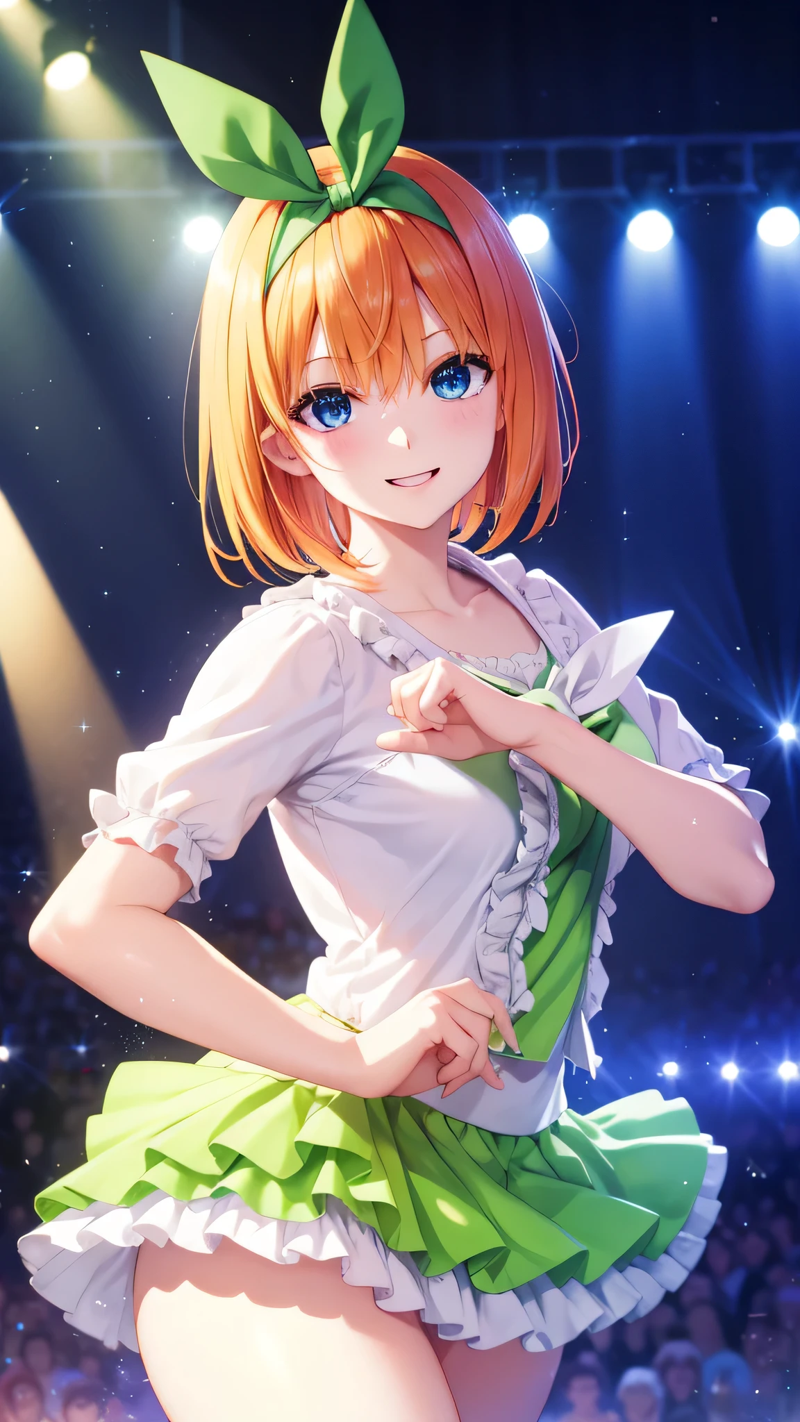 yotsubanakano, Nakano Yotsuba, bangs, short hair, blue eyes, hair between eyes, hair ribbon, hair band, orange hair, green ribbon, Best smile, low person, green bow, green ribbon, (idol costume:1.3), (frills:1.1), Upper body, stage background, highest quality, High resolution, unity 8k wallpaper, (shape:0.8), (beautiful and detailed eyes:1.3), highly detailed face, perfect lighting, Detailed CG, (perfect hands, perfect anatomy), smile,I have a microphone, (Song:1.3), (dance:1.3),1 girl panty shot,skirt lift,pink panty,