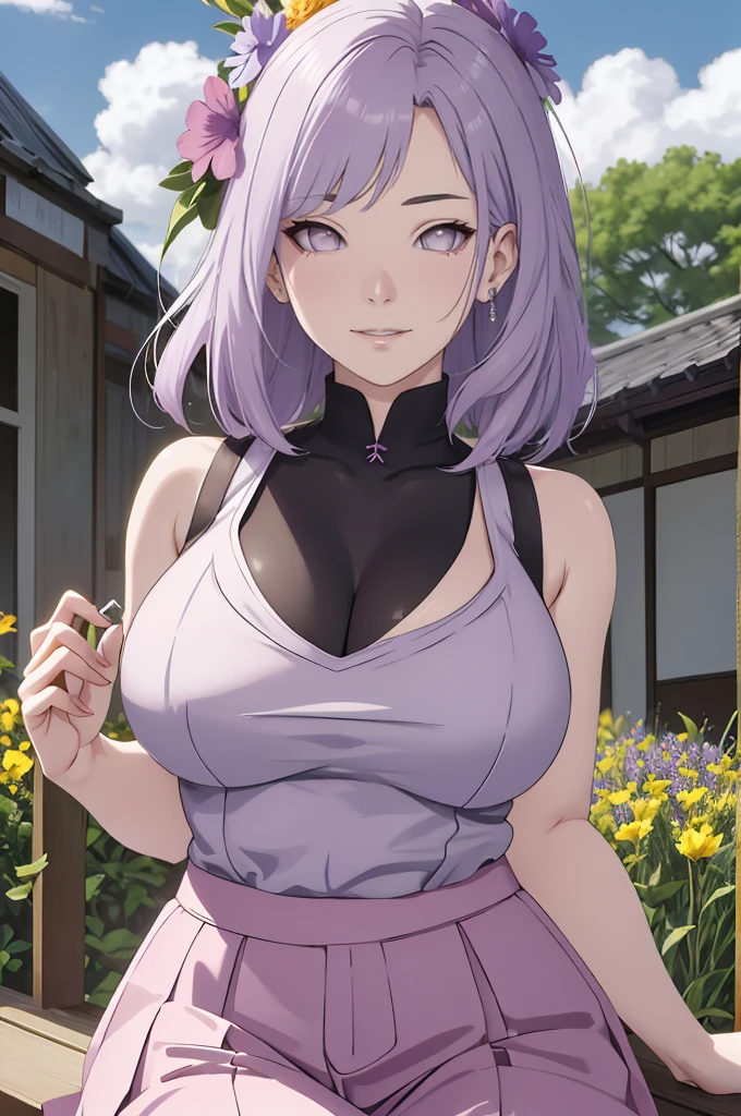 masterpiece, Huang Li, Fruit ice\(Boruto\), 1 girl, solo,Mature female, Purple suspender skirt,cleveage,Large Breasts,Cleavage,brown pants,appearance,Lavender flower field, Looking at the audience, (Cloudy sky like falling petals, Perfect composition, Delicate lips,, Beautiful face, Body support, blush, (Pink lips), White hair, Eye roll, gentle gaze, sad smile, super realistic, detailed, photo shoot, Realistic face and body, Photo-realistic hair, Realistic eyes,realistic nose,Realistic lips