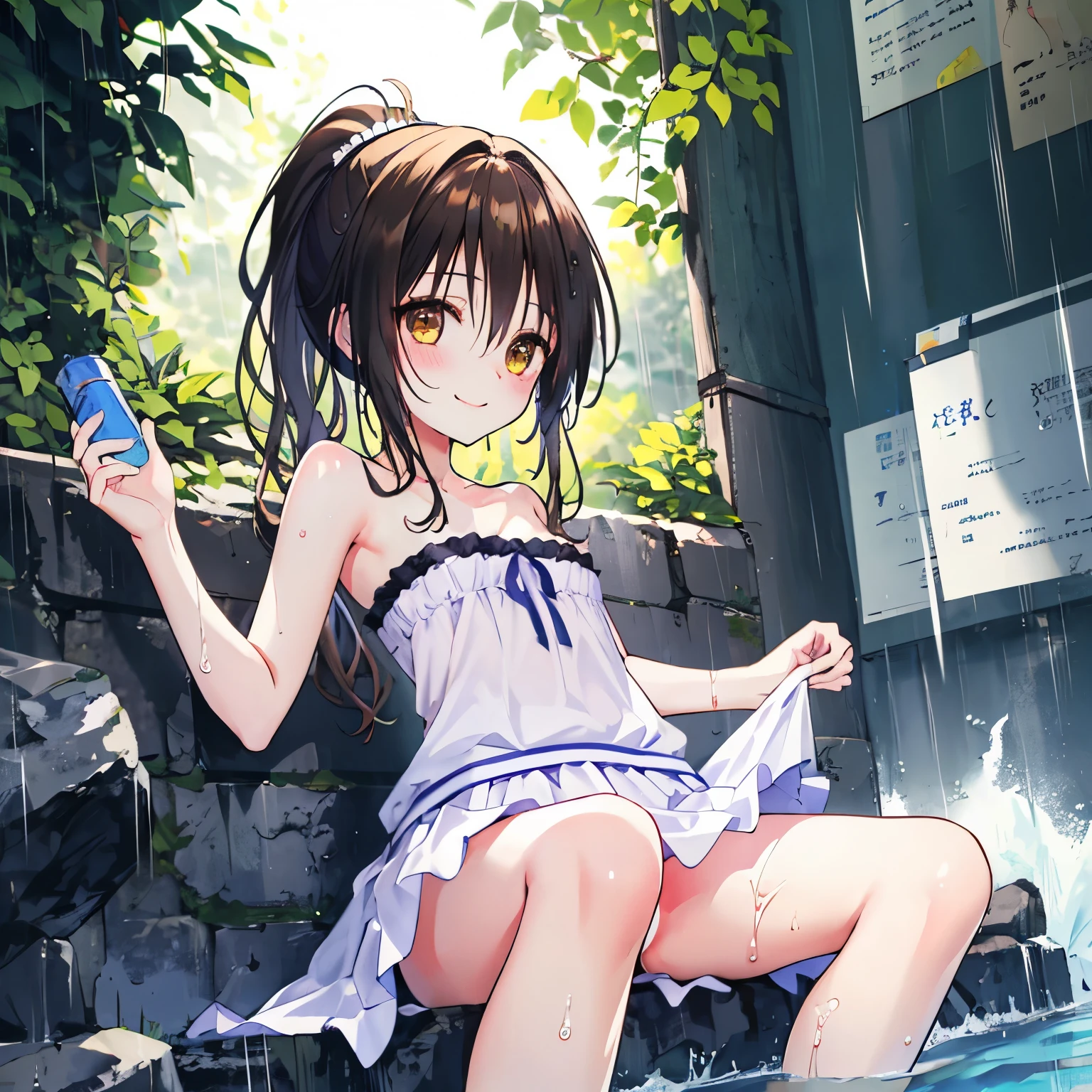 As a matter of fact, 1 woman, 8K resolution, ponytail, brown eyes, glowing eyes, white short skirt, Blush, during the day, sunlight, strapless, Wet from the rain., break through, Sit with your knees raised., Spread your legs, tits, smile, pussy, armpit, yuki mikan,