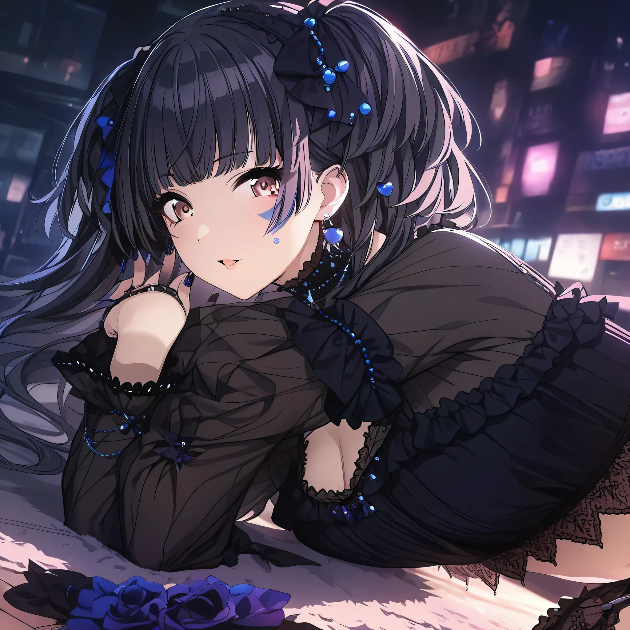 (masterpiece),(best quality),(ultra-detailed),(best illustration),(best shadow),(absurdres),(detailed background),(very aesthetic), 1girl, solo, gothiclolita, black nails, blue nails, facial mark, nail polish, thighhighs,